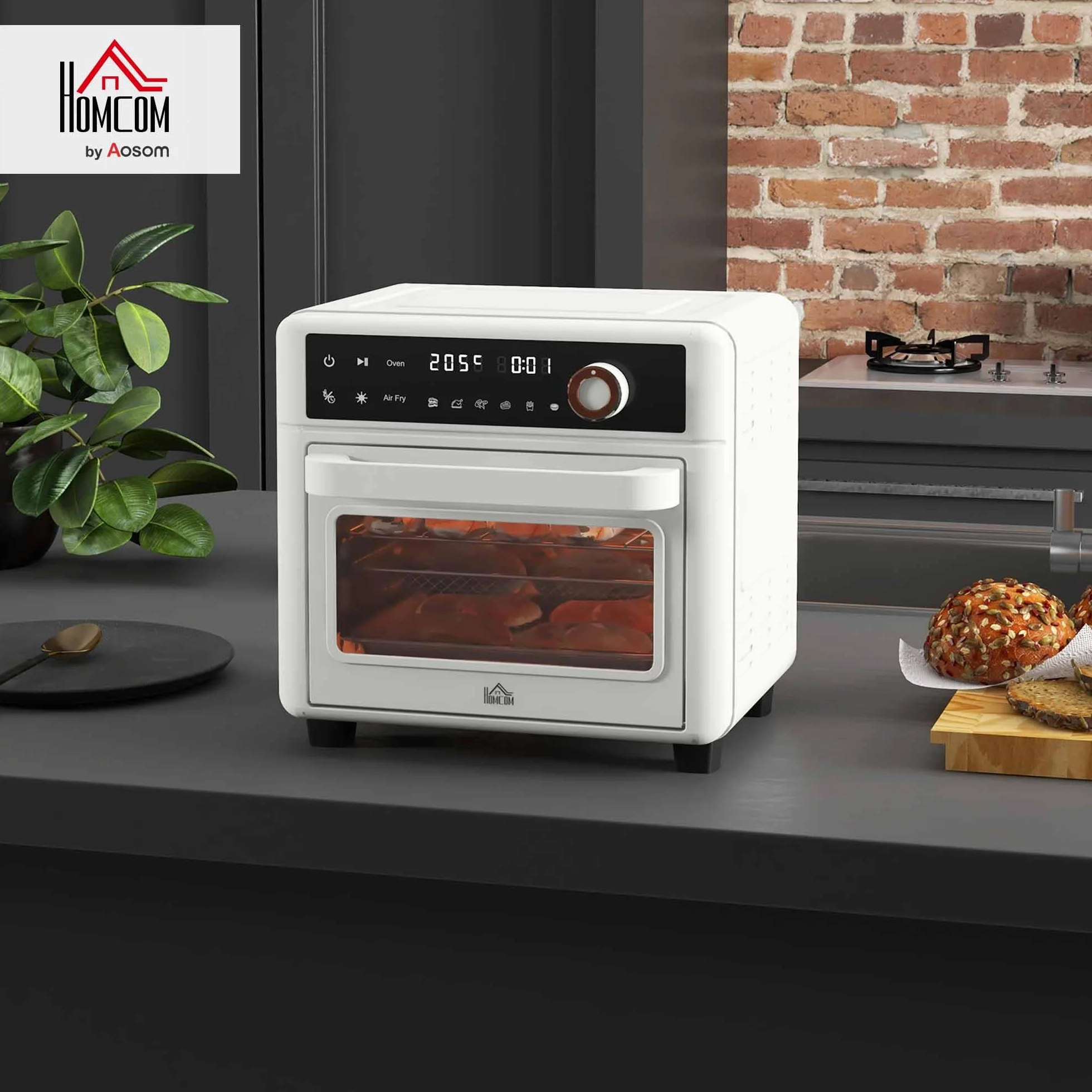 HOMCOM Horno Eléctrico de Sobremesa Horno Sobremesa de 13L 1200W Freidora de Aire con 12 Modos de Calor Temporizador 12 H y Temperatura Regulable hasta 220℃ Blanco