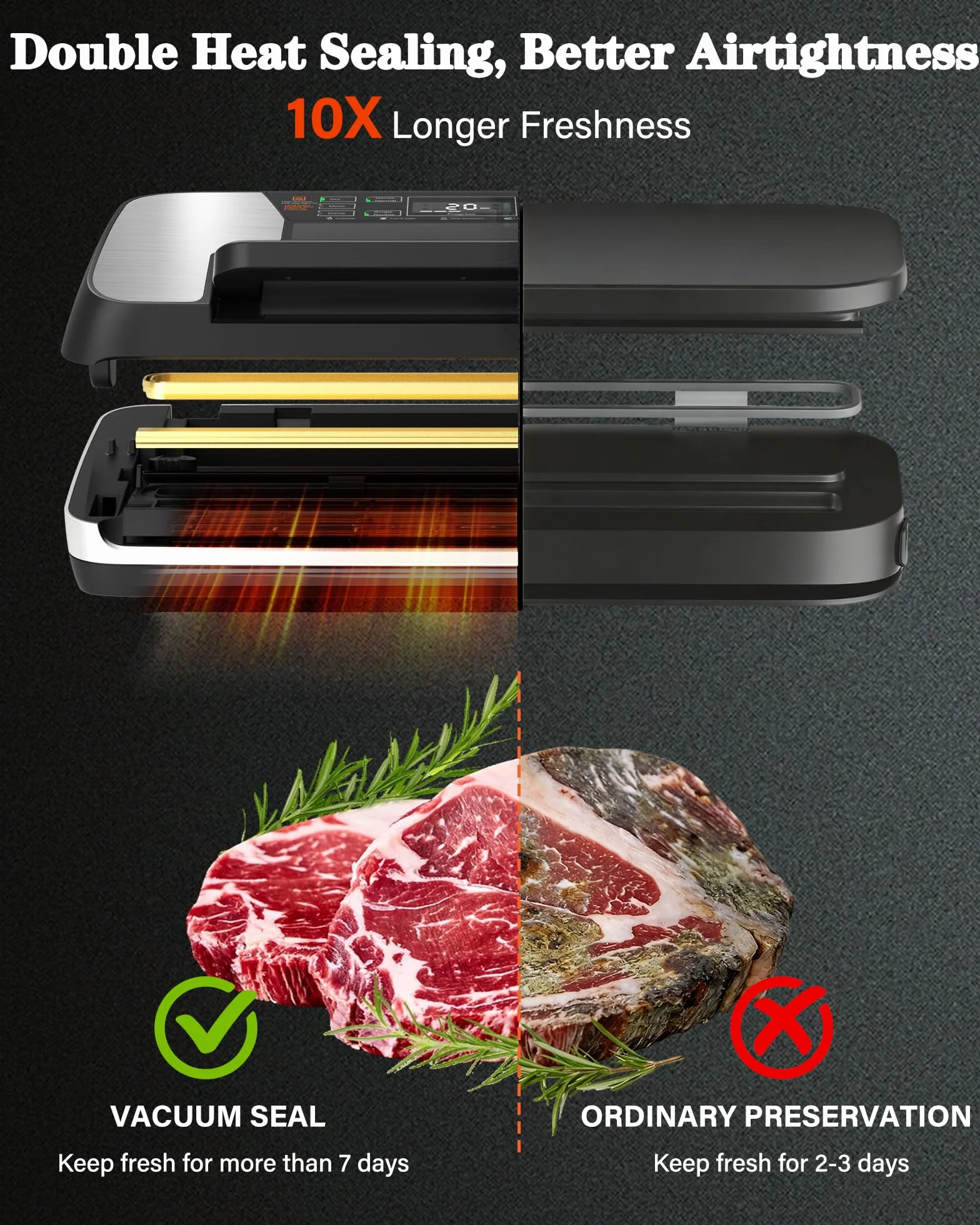 Envasadora al Vacío Doméstica y Profesional para Alimentos – 95 kPa, Aparato 12 en 1 con Doble Soldadura, Easy-Lock, Cortador de Film Integrado, Bandeja Desmontable para Conservación de Larga Duración