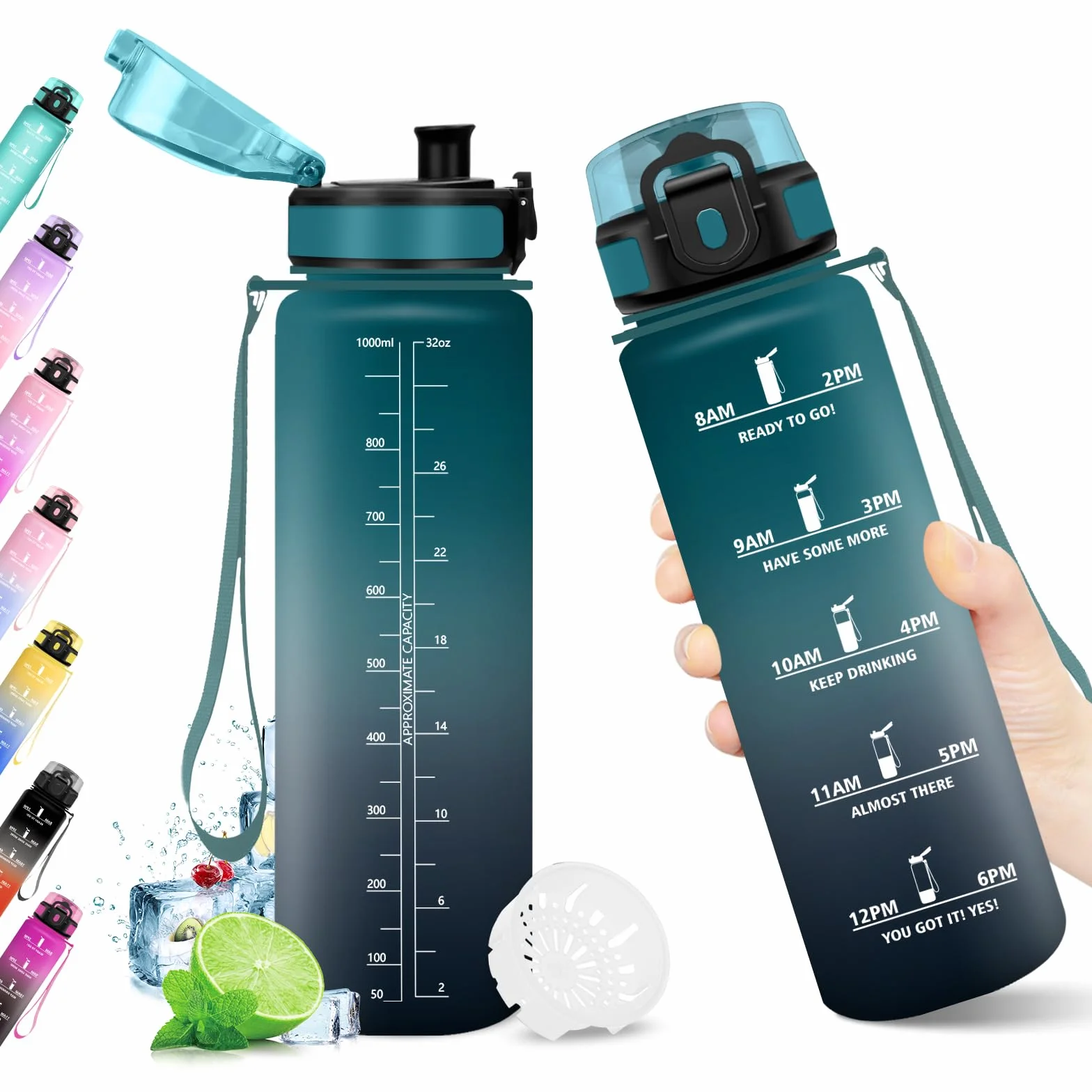 Botella Agua con Filtro 1L sin BPA, Cantimplora Deportiva con Marca de Tiempo Reutilizable