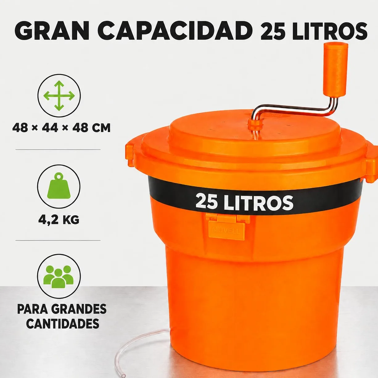 Centrífuga para Lechuga 25 litros, plástico Naranja, Ø 44 cm con Eje de transmisión Protegido, función de empaquetado y Manguera de desagüe, gastronomía, restaurantes escurridor de Ensalada