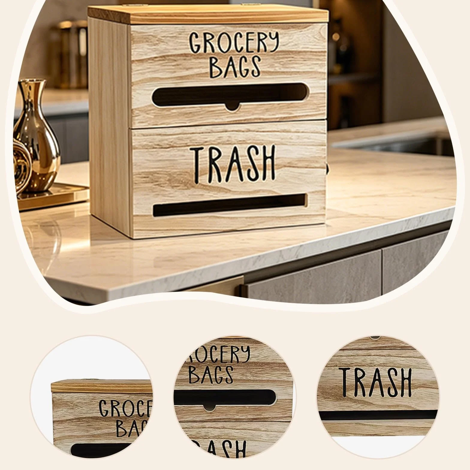 Milageto Dispensador de Bolsas de Basura de Pared, Organizador de Almacenamiento de Madera para Bolsas de supermercado, Ideal para Cocina, Oficina, encimera, Marrón Claro