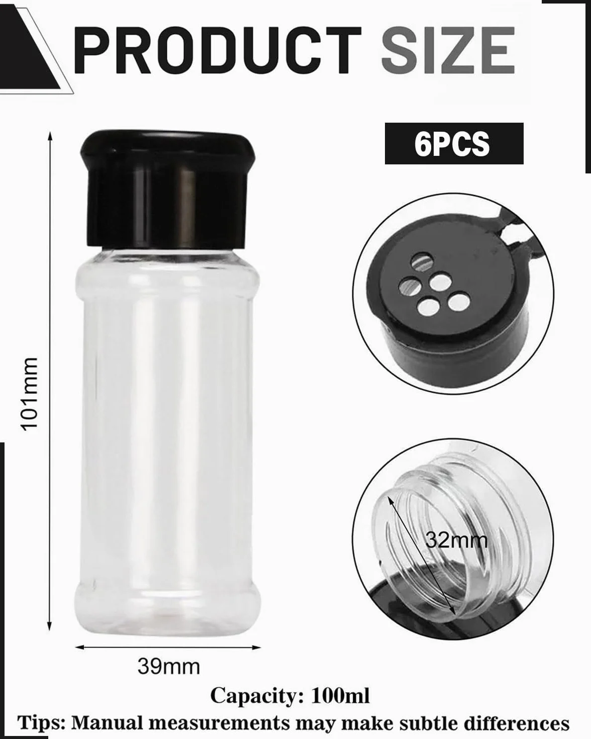 6 piezas tarros vacíos de plástico para especias con tapas agitadoras, recipientes de condimentos de 100 ml, botellas redondas vacías de especias para almacenamiento, botellas transparentes