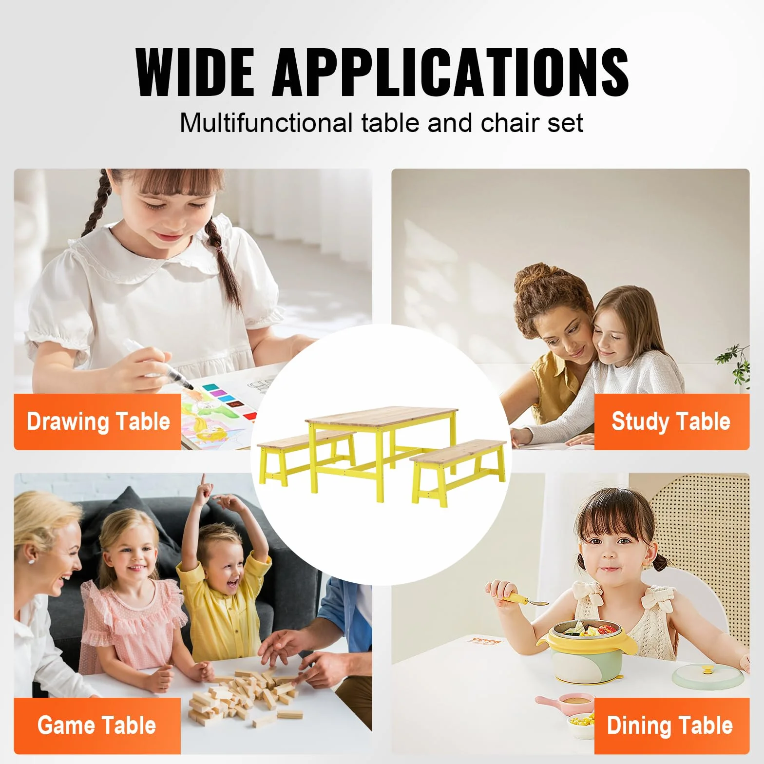 VEVOR 1 Mesa Infantil con 2 Bancos 1067x575x482 mm y 915x235x280 mm Conjunto de Muebles Infantiles Bandeja Fácil de Limpiar para Estudiar Comer Jugar Leer Guardería Dormitorio Infantil de 2 a 8 Años