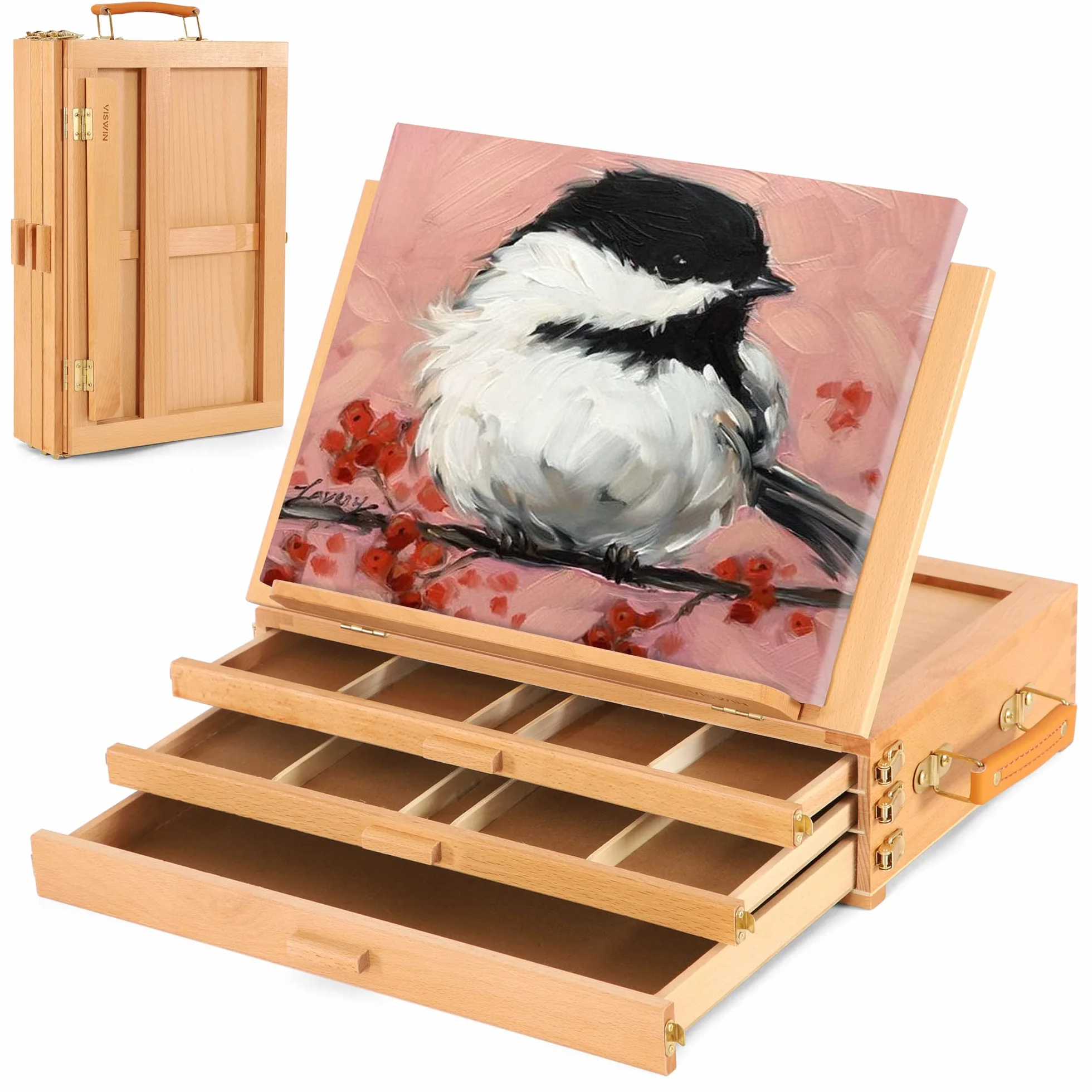 VISWIN Caballete grande ajustable con 3 cajones, caballete de mesa portátil de madera de haya para artistas, caballete de mesa para pintores adultos, artistas