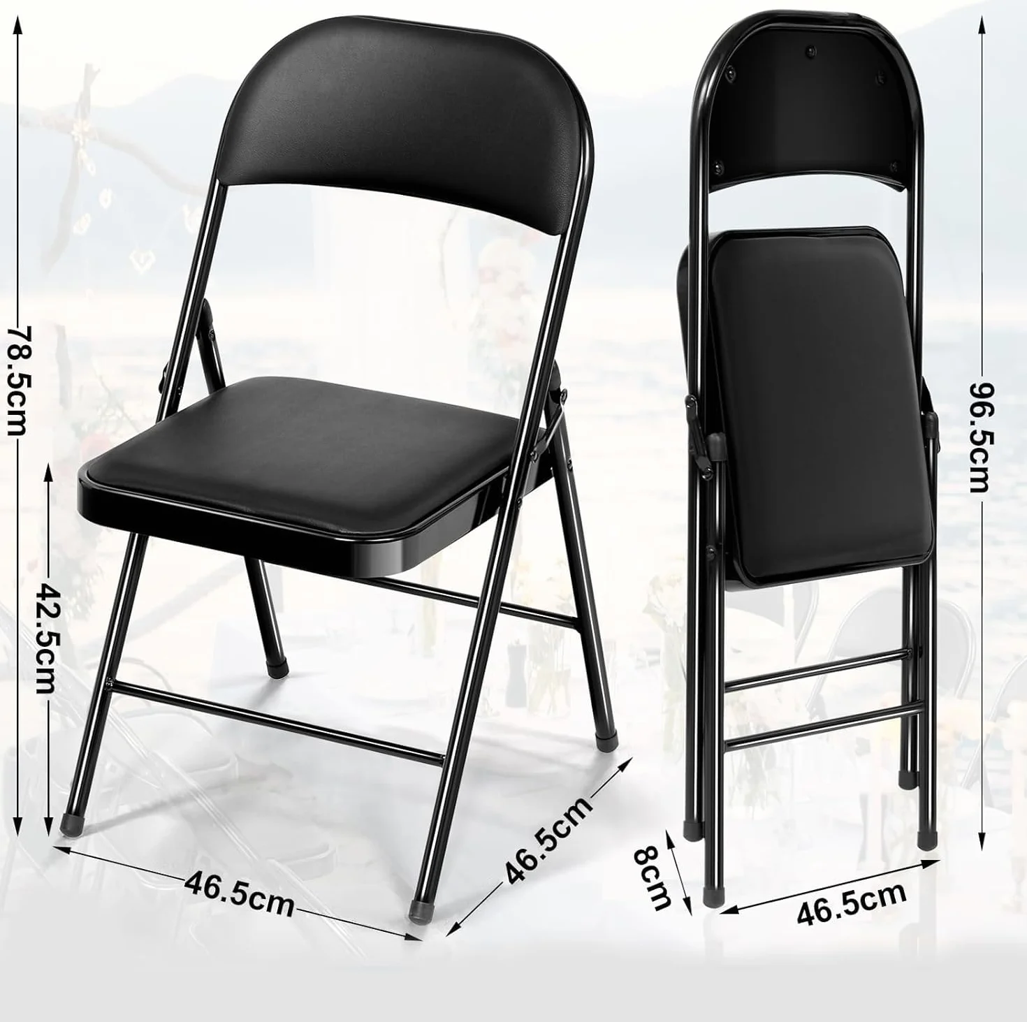Set 2 Silla Plegable Acolchada, Sillas Plegables con Estructura de Acero Negro para Interior y Exterior, Silla de Comedor Apilable , Silla Plegable para Jardin, Balcón, Camping, Cocina y Eventos
