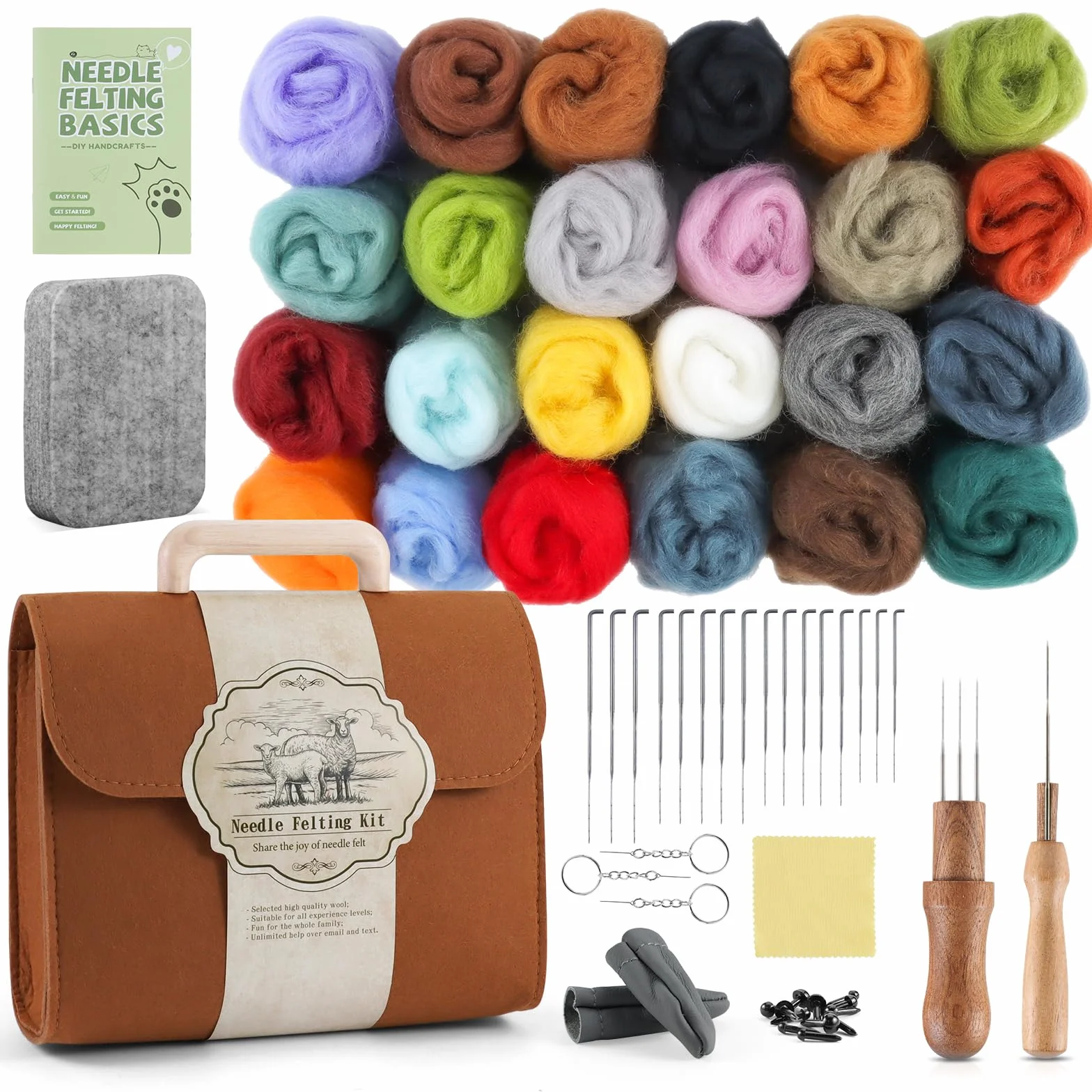 5g Fieltro de Lana 24 Colores con Bolsa de Almacenamiento, Fieltro con Aguja que Incluye de Lana, 16 Agujas, Mangos de Madera, Almohadilla de Espuma, 3 Llaveros, DIY para Principiantes y Adultos