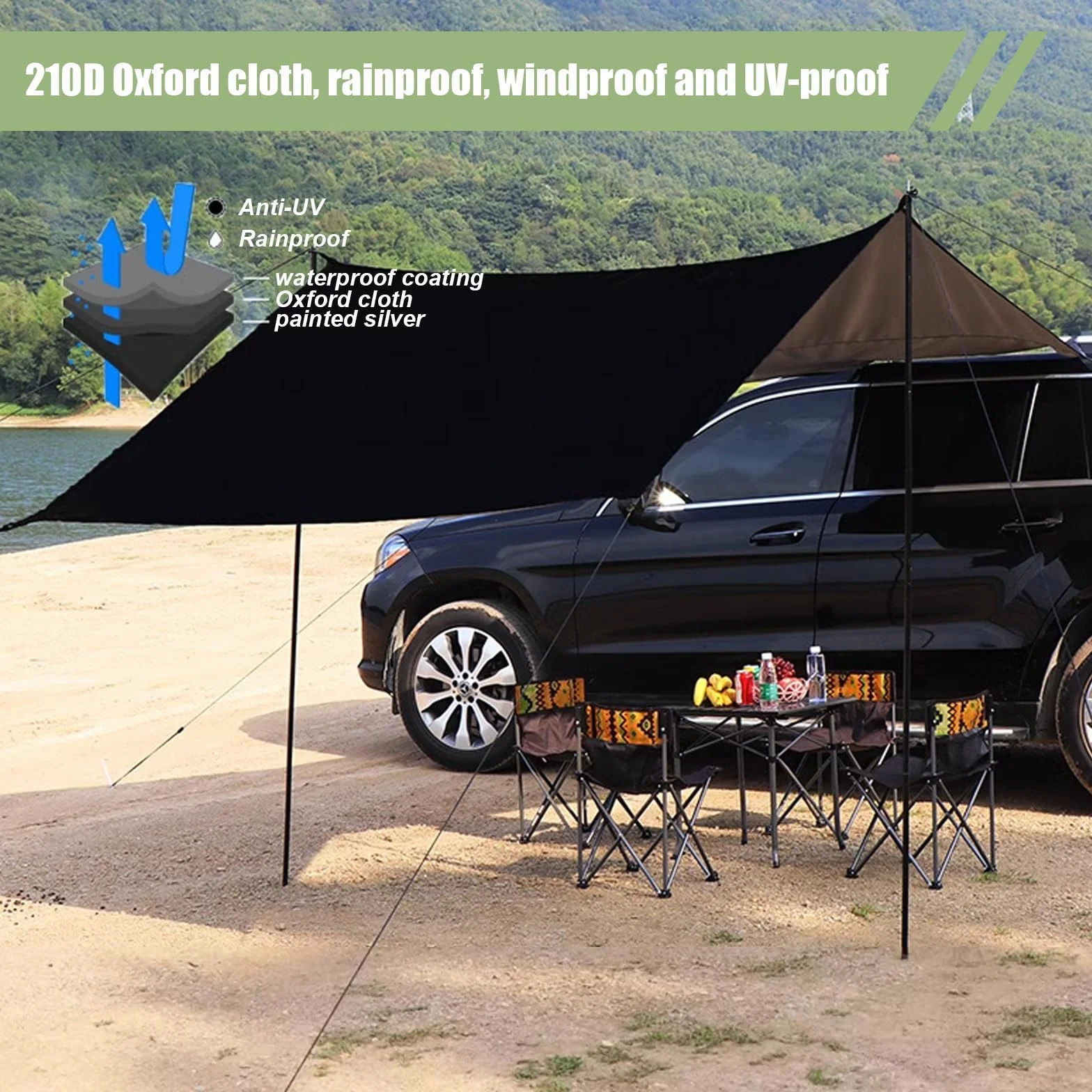 Toldo universal impermeable para coche 200-300 cm protección UV+50 con barras y refuerzos