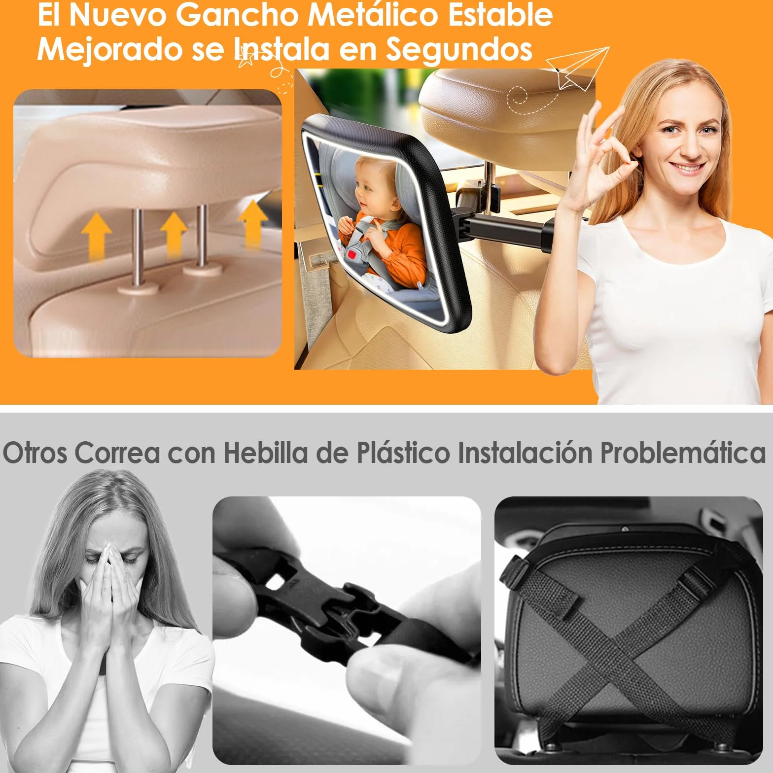 Espejo Retrovisor de Bebé con LED, Espejo Coche Bebé Asiento Trasero 100% a Prueba de Roturas Luz LED Espejo Retrovisor Coche Bebé 360° Giratorio con Clip de Gancho y Mandos a Distancia