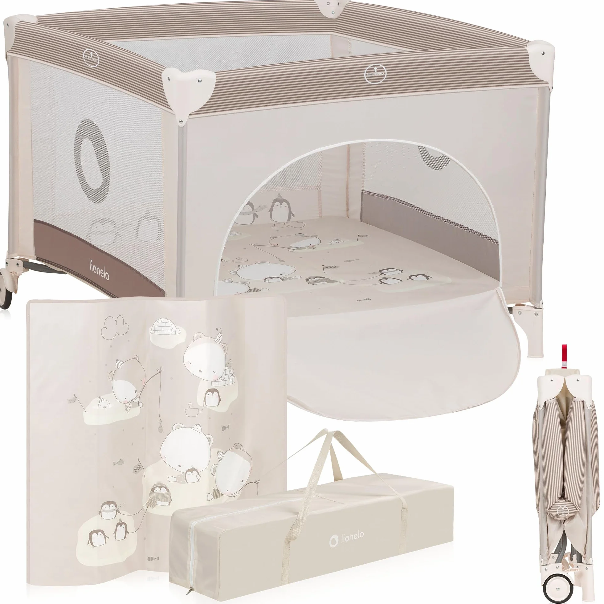 LIONELO BONNIE Parque Infantil Bebe hasta 15 kg, desde Nacimiento hasta 36 meses, Acceso Lateral Cremallera, Malla Aireada, Plegado Rápido, Ruedas Freno, Bolsa Transporte