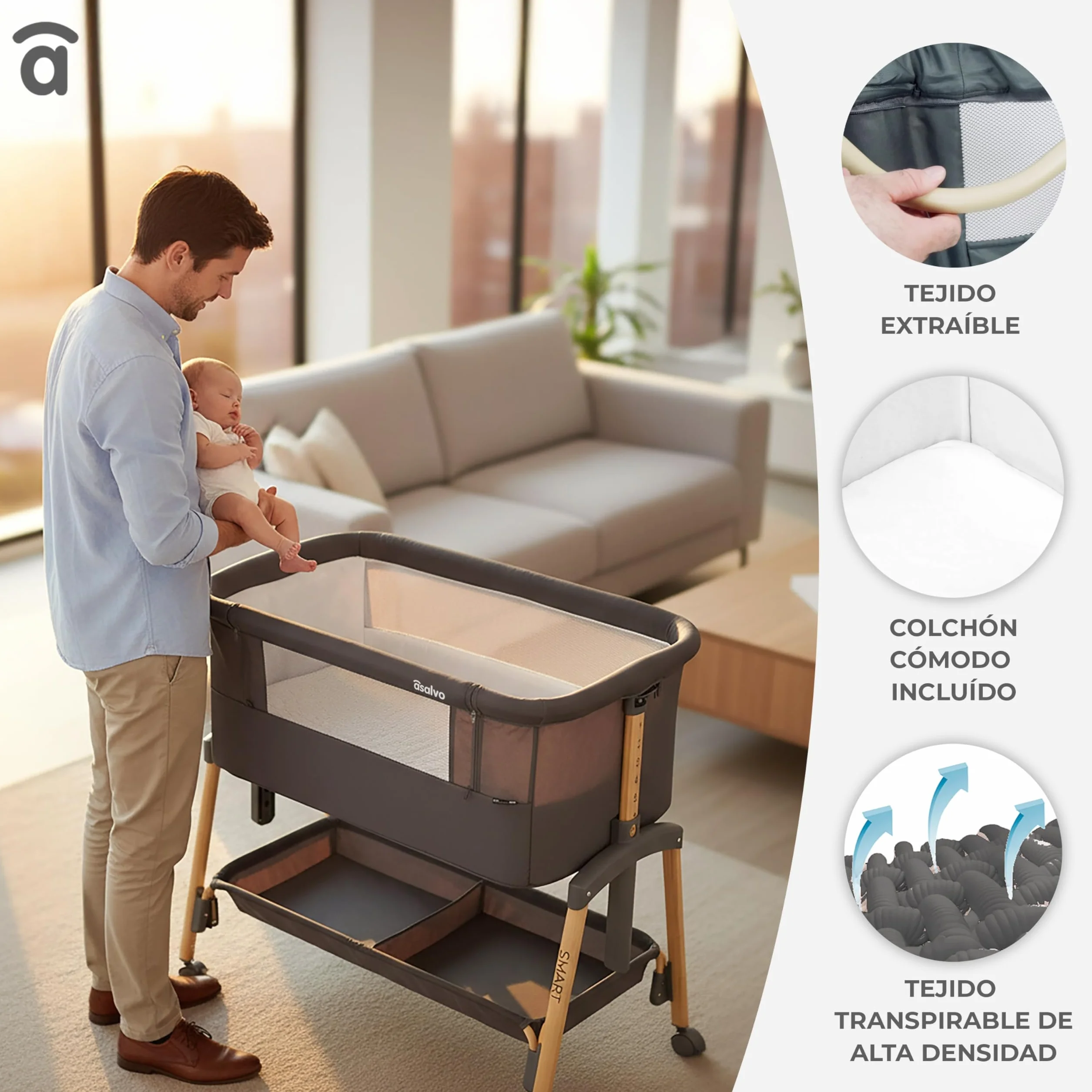 Asalvo Smart Minicuna Colecho Bebé 2 en 1 – Cuna Colecho con 7 Alturas Regulables, Ruedas con Freno, Colchón Incluido
