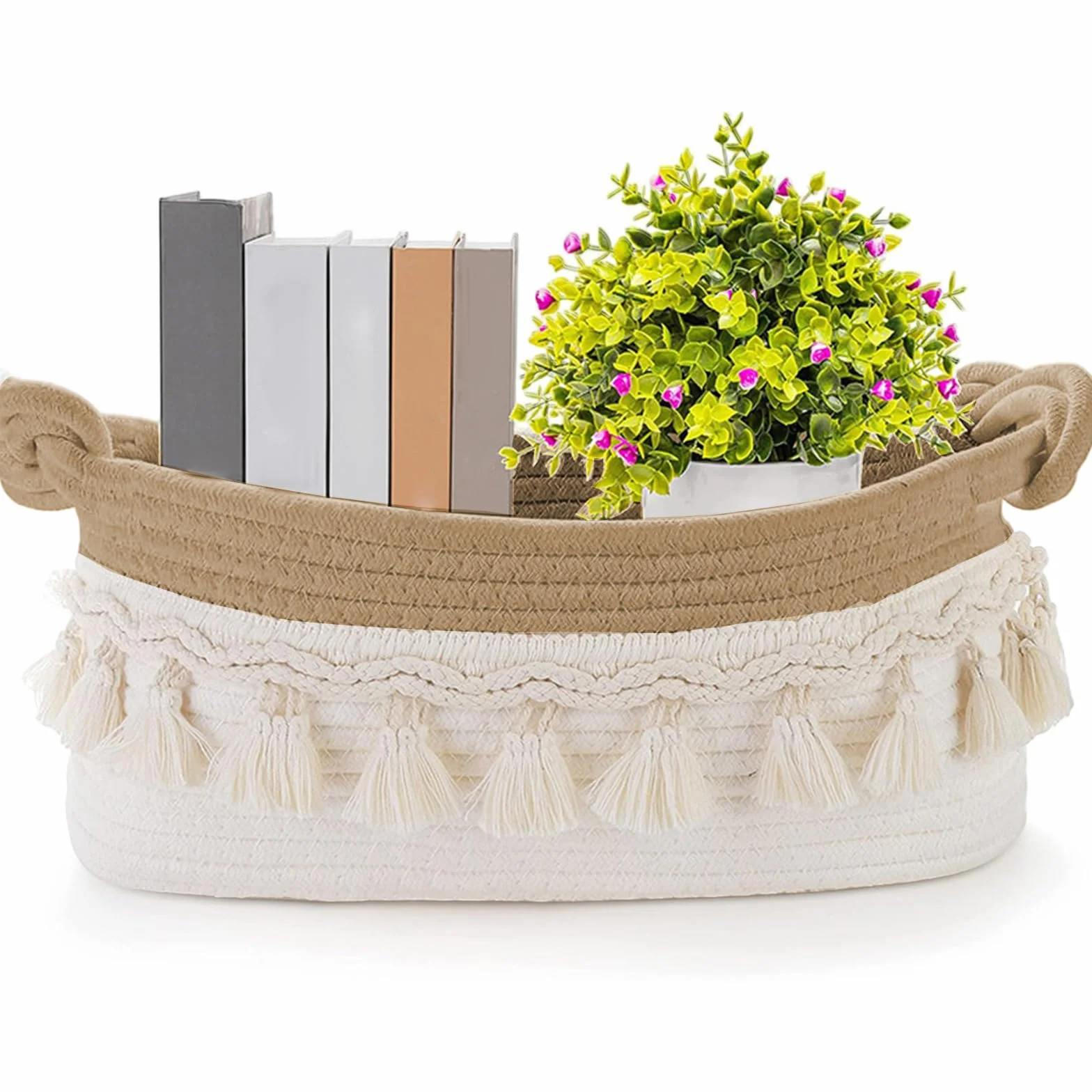 Cesta de Regalo Vacía Pequeña Tejida de Hilo de Algodón Blanca Decorativa Redonda