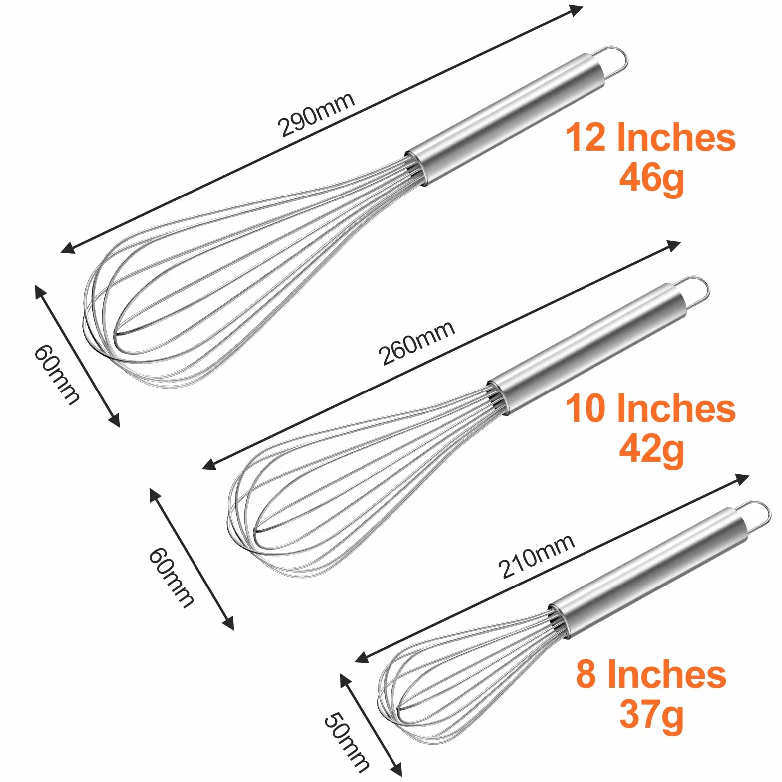 Newaner Batidor Manual de Huevos Profesional Acero Inoxidable , Varillas Cocina de 3 Piezas Incluye 21cm, 26cm, 29cm，Barillas Batir Manual para Mezclar, Revolver la Masa, Huevos, Espumar, Batir