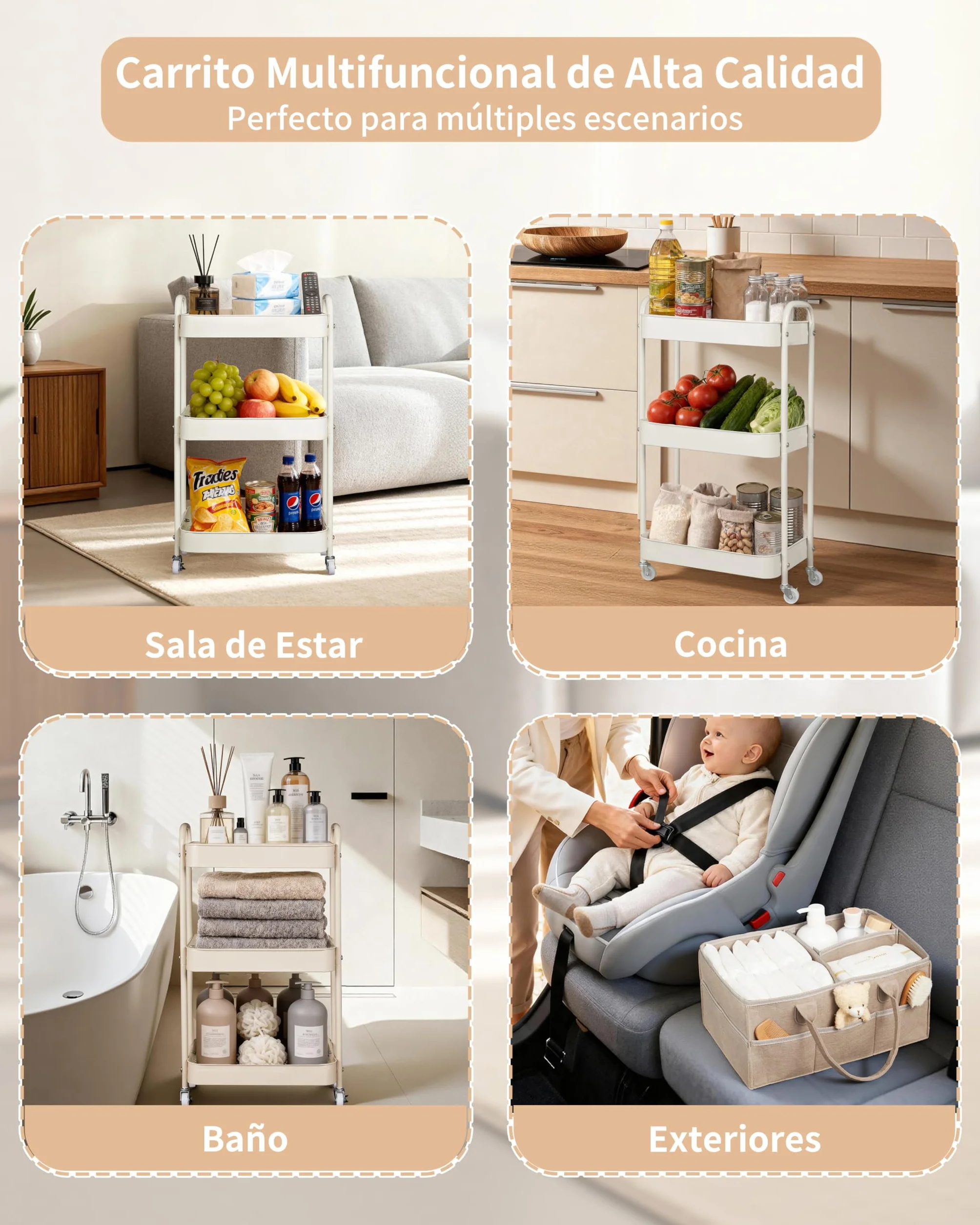 Fortella Carrito Auxiliar 3 Niveles, Cesta Bebe Recien Nacido Fieltro Portátil, Almacenamiento Hogar, Organizador Pañales, Multifuncional Carrito Cocina Baño (Beige)