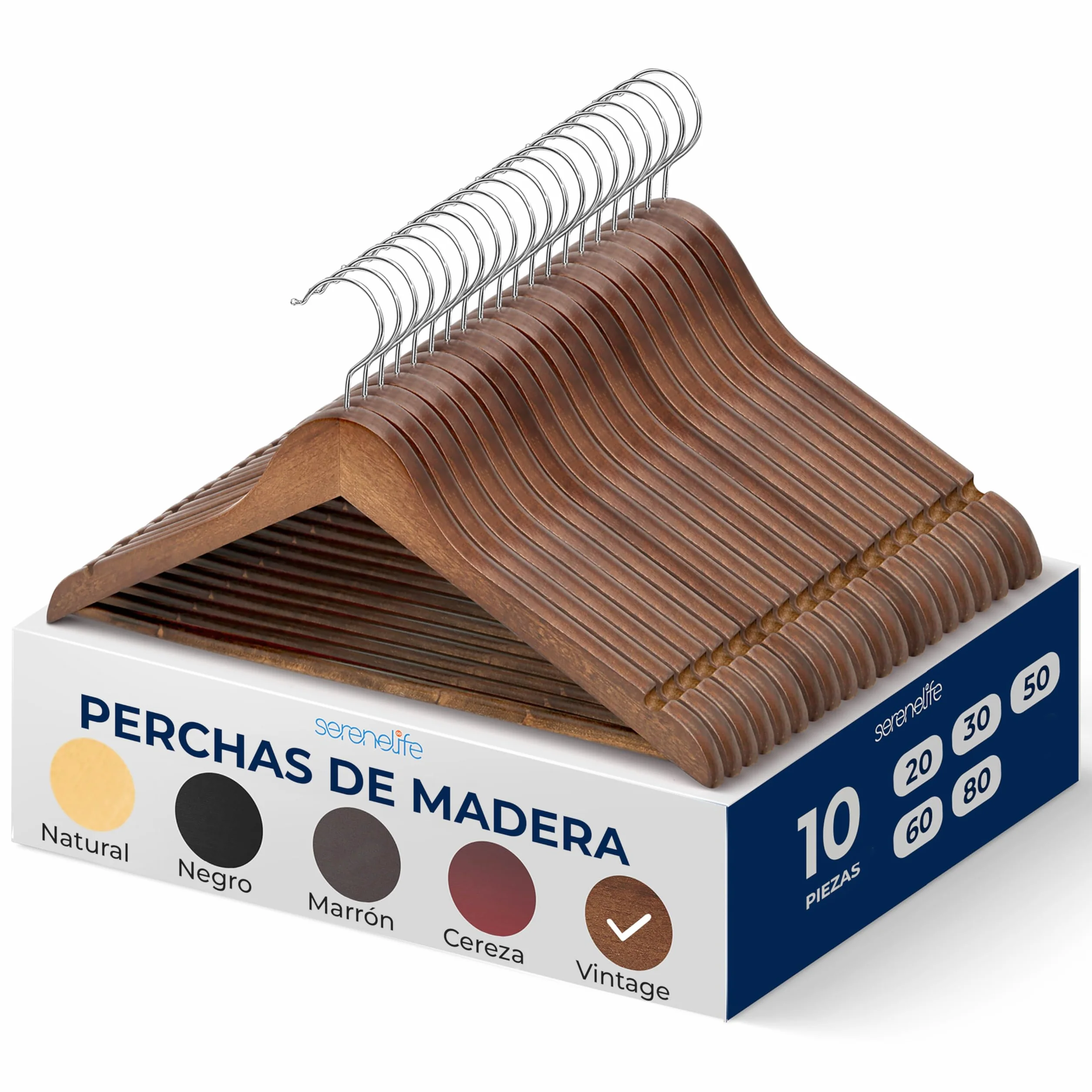 SereneLifeHome Perchas Madera, Ropa, Pack de 10, Antideslizantes, con Gancho Giratorio de 360°