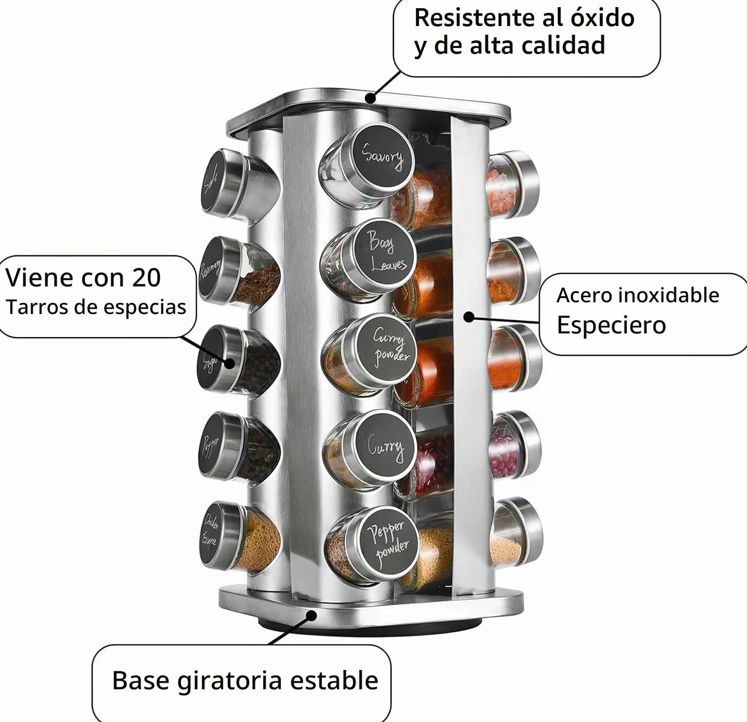 SAEIV Estante para especias cuadrado con 20 tarros de especias, giratorio 360 °, acero inoxidable, tarros de especias redondos
