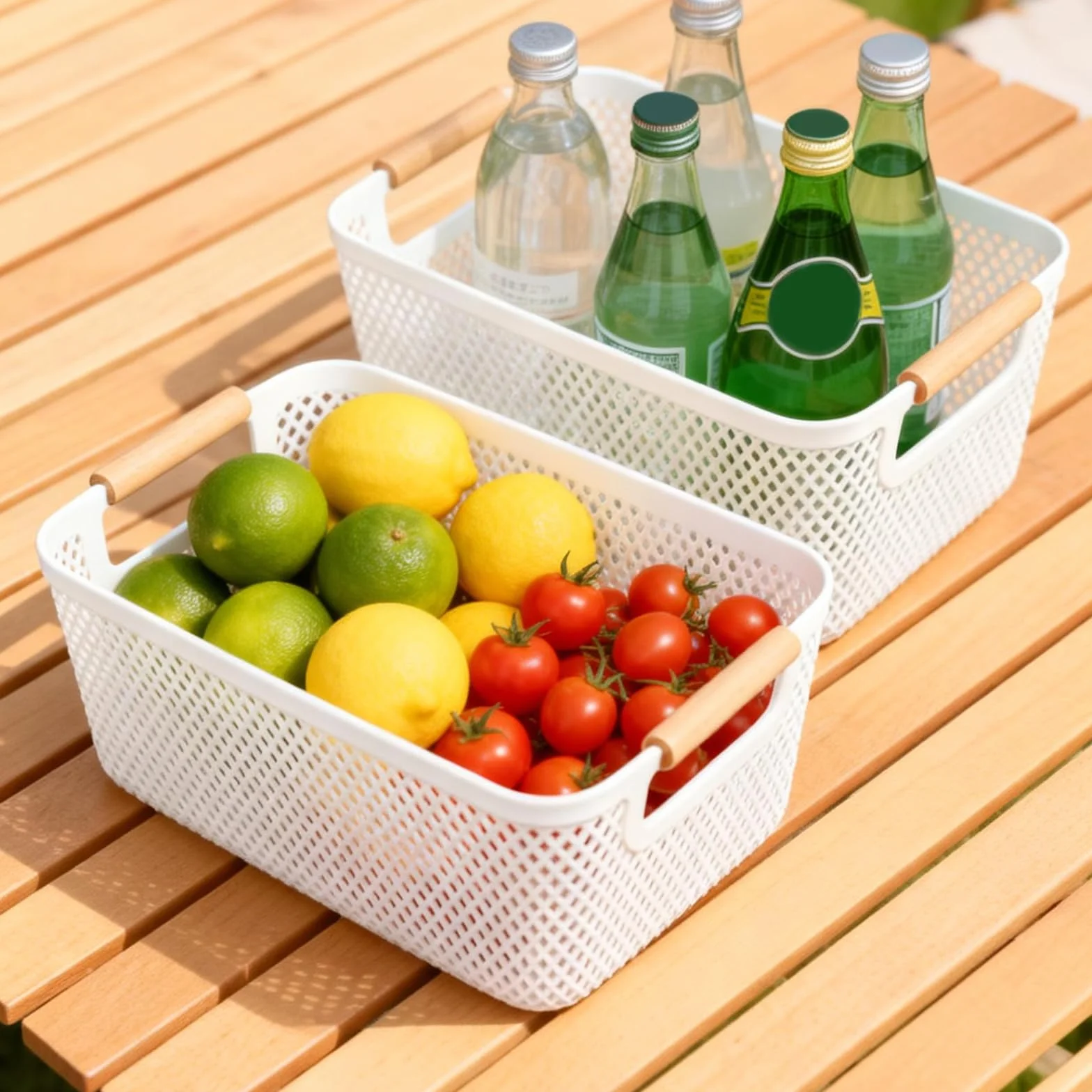8 cajas de almacenamiento blancas sin tapa de plástico, con asas de madera maciza y laterales ventilados, organizadores para baño, cocina, hogar y lavandería