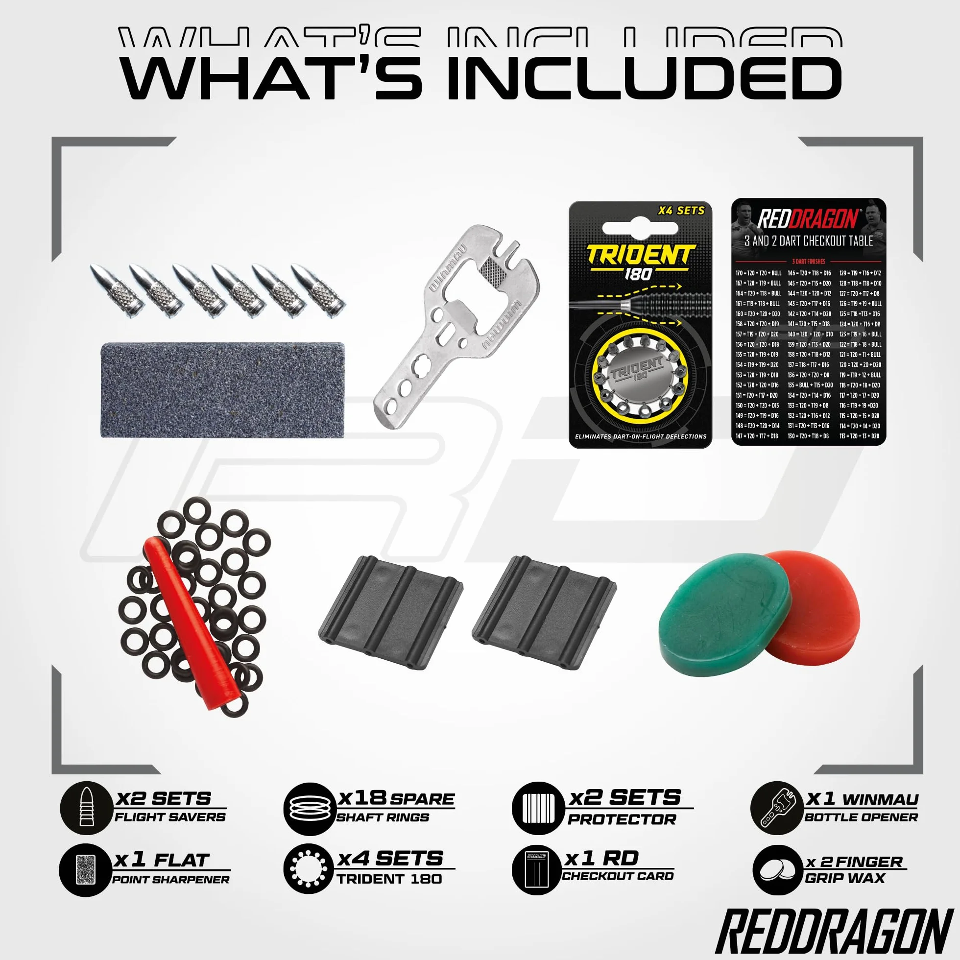 RED DRAGON Dardos - Paquete de accesorios de aluminio profesional - Incluye vuelos de dardos, ejes, cera de agarre de dedos, protectores de vuelo y más - Accesorios profesionales para dardos