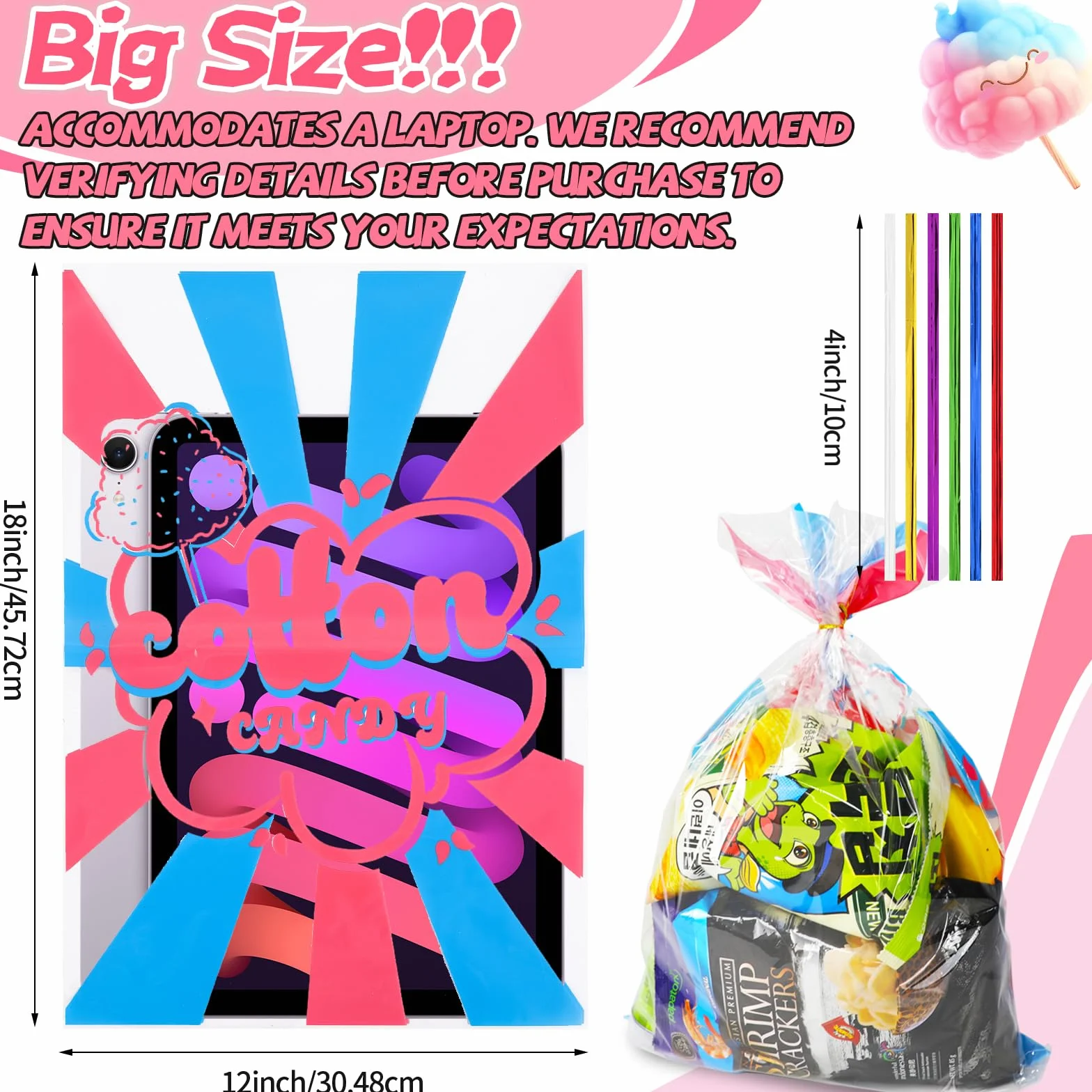 Bolsas de algodón de azúcar con lazos, suministros de algodón de azúcar para circo, carnaval, fiesta de cumpleaños, recuerdos de 12 x 18 unidades, 50 unidades