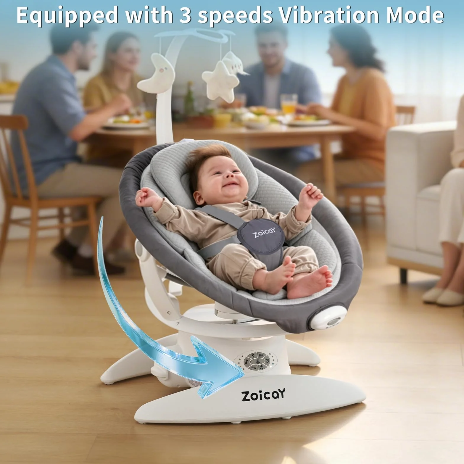 Mecedora Eléctrica para Bebé 3-en-1 Zoicay, 9 Modos, Giro 360°, Temporizador y Música, Control Remoto y Bluetooth, Gris