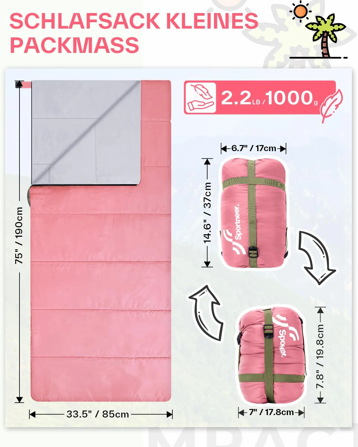 Sportneer Saco de Dormir Compacto Ligero para Clima Cálido 15℃~25℃ con Bolsa de Transporte para Camping y Senderismo