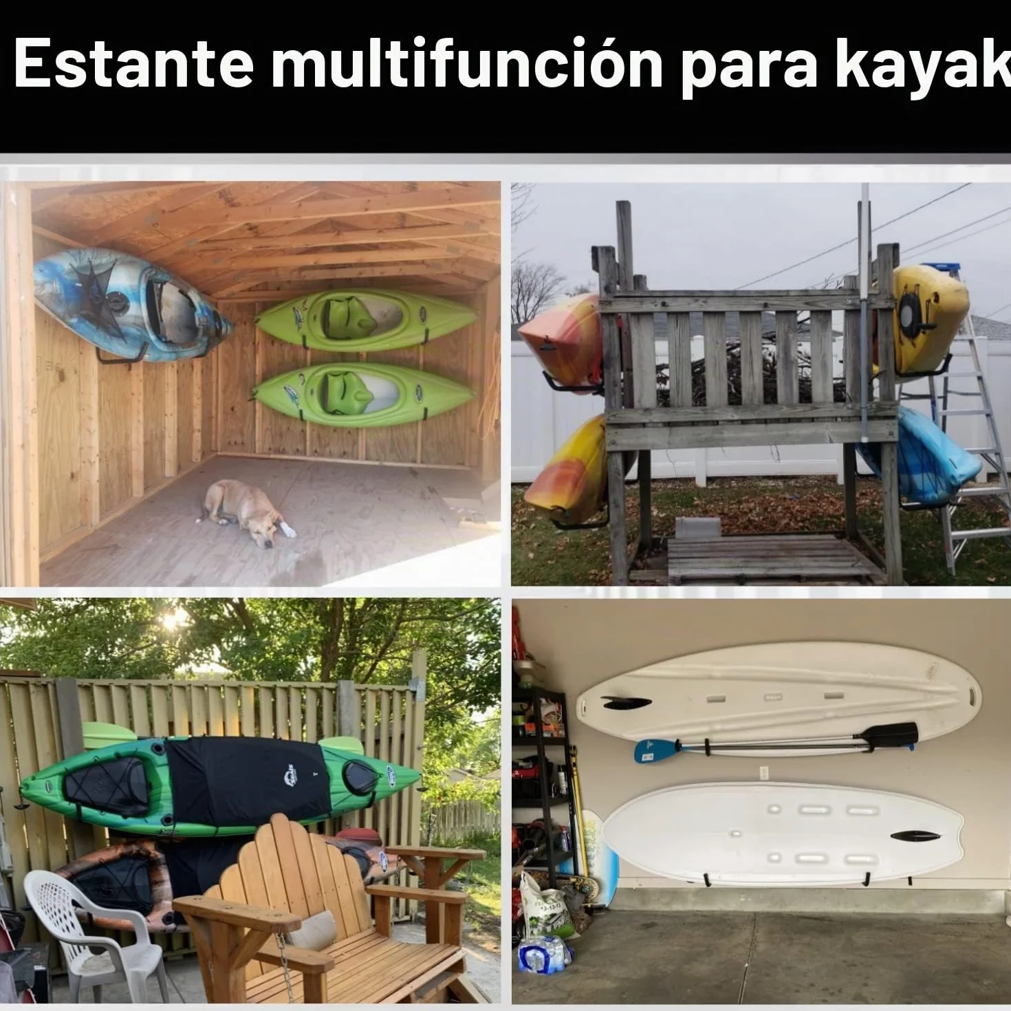 Ganchos para Kayak de Garaje, 4 Rack de Pared para Almacenamiento Interior y Exterior