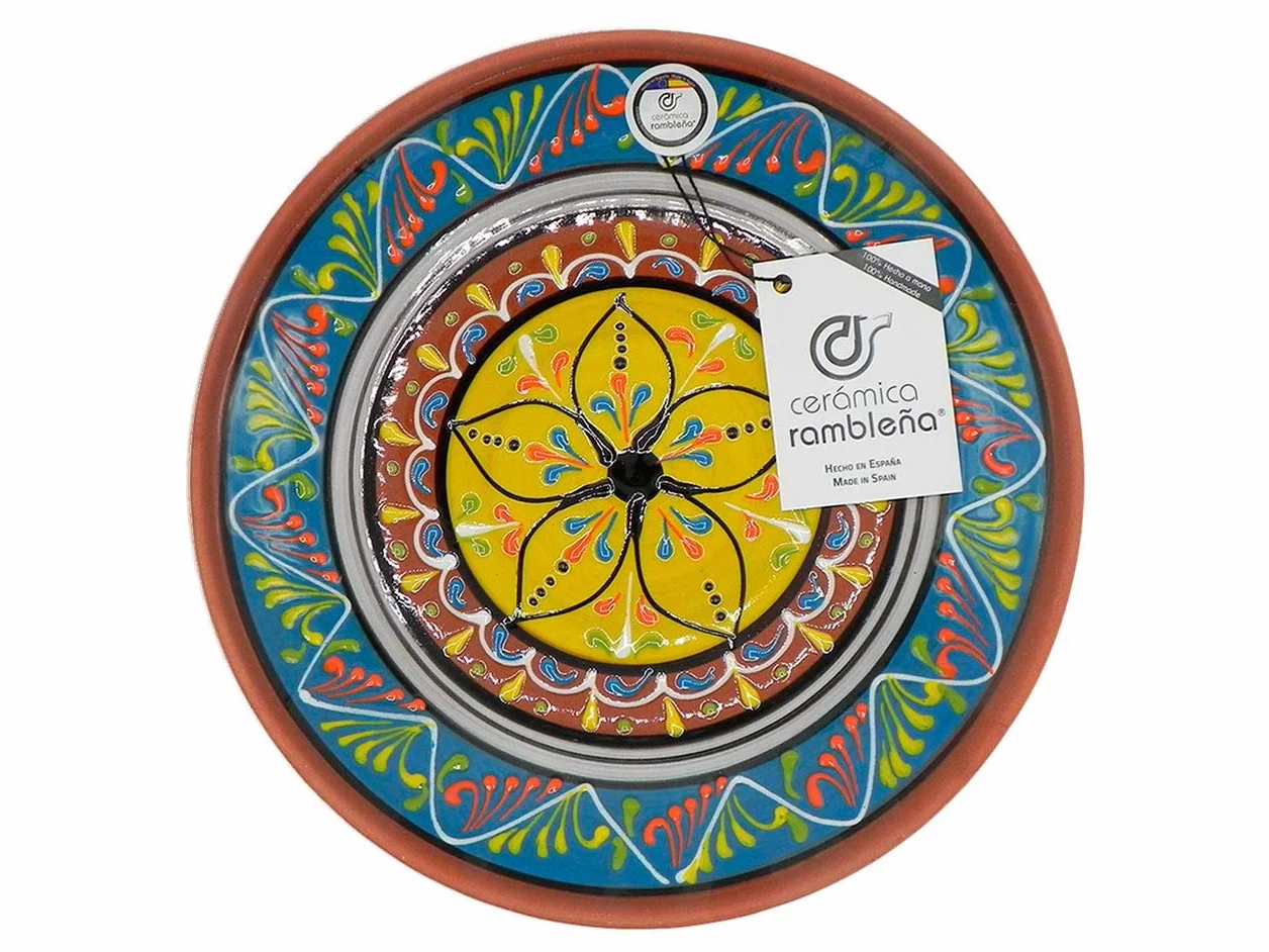 Plato Decorativo de Cerámica Mediterránea Azul-Blanco-Amarillo 28x28x4.5 cm Hecho a Mano