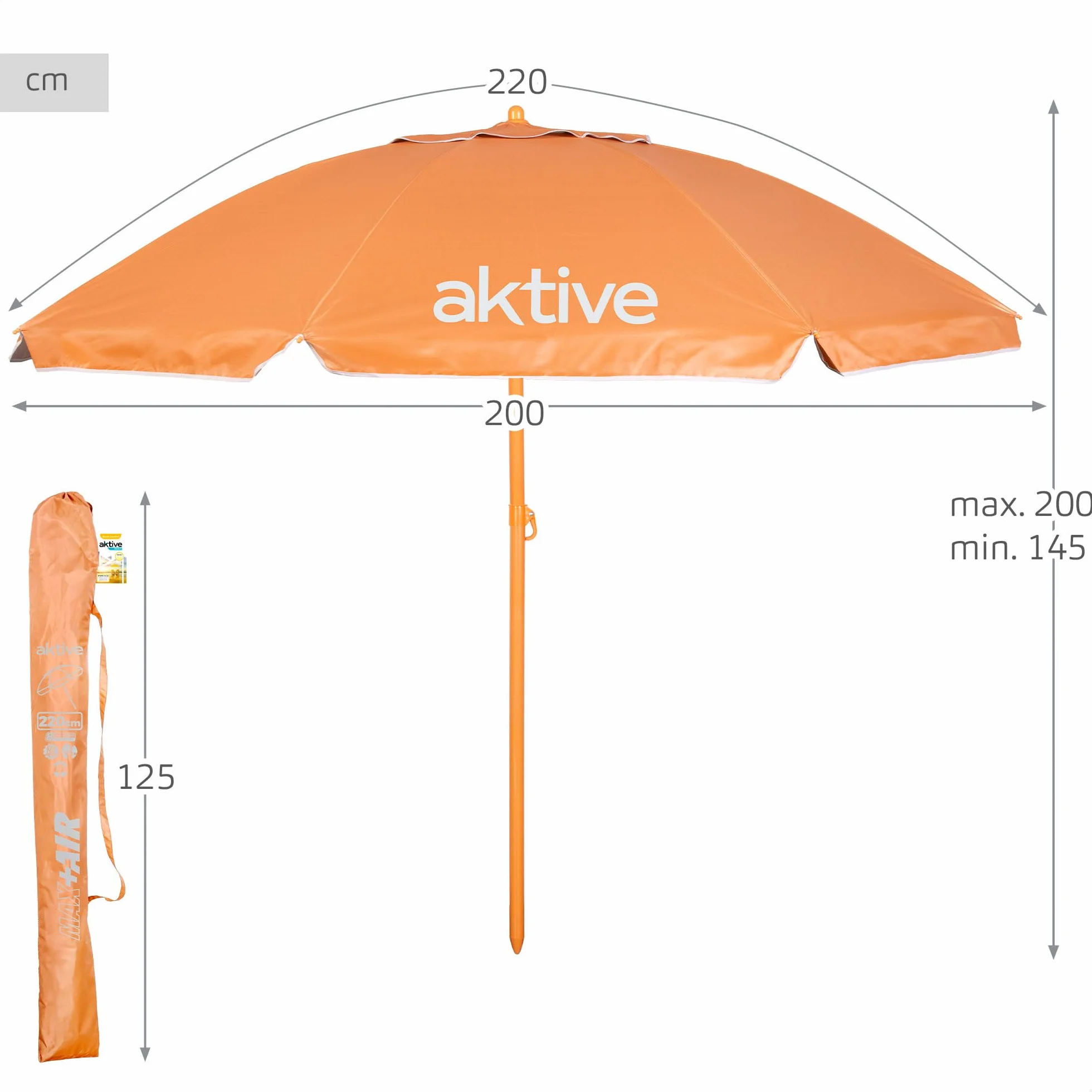 AKTIVE BEACH Sombrilla de playa inclinable D220 cm Naranja protección UV50 8 varillas Material oxford ventilación exterior