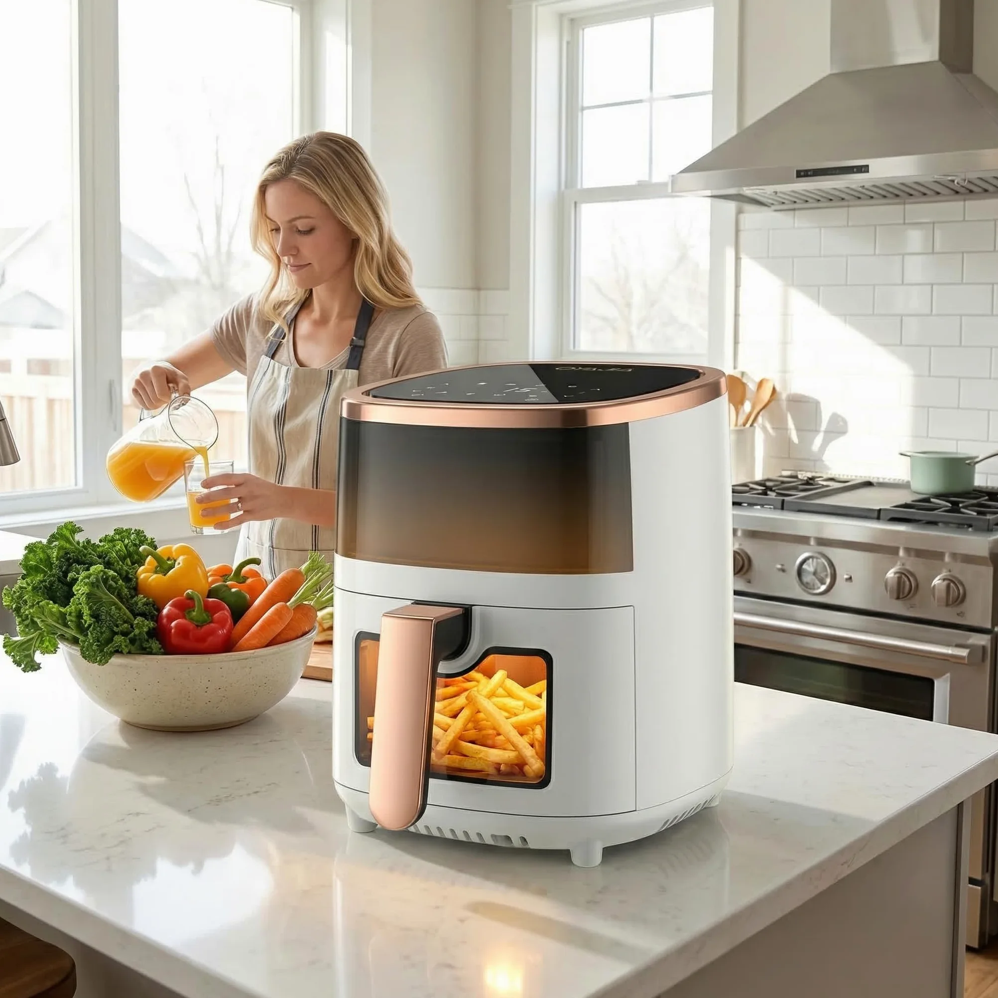 Freidora de aire caliente, 6 L, con 8 programas, tecnología de aire caliente, pantalla táctil, ventana de visualización, apta para lavavajillas, freidora sin aceite, digital, asar, hornear, asar
