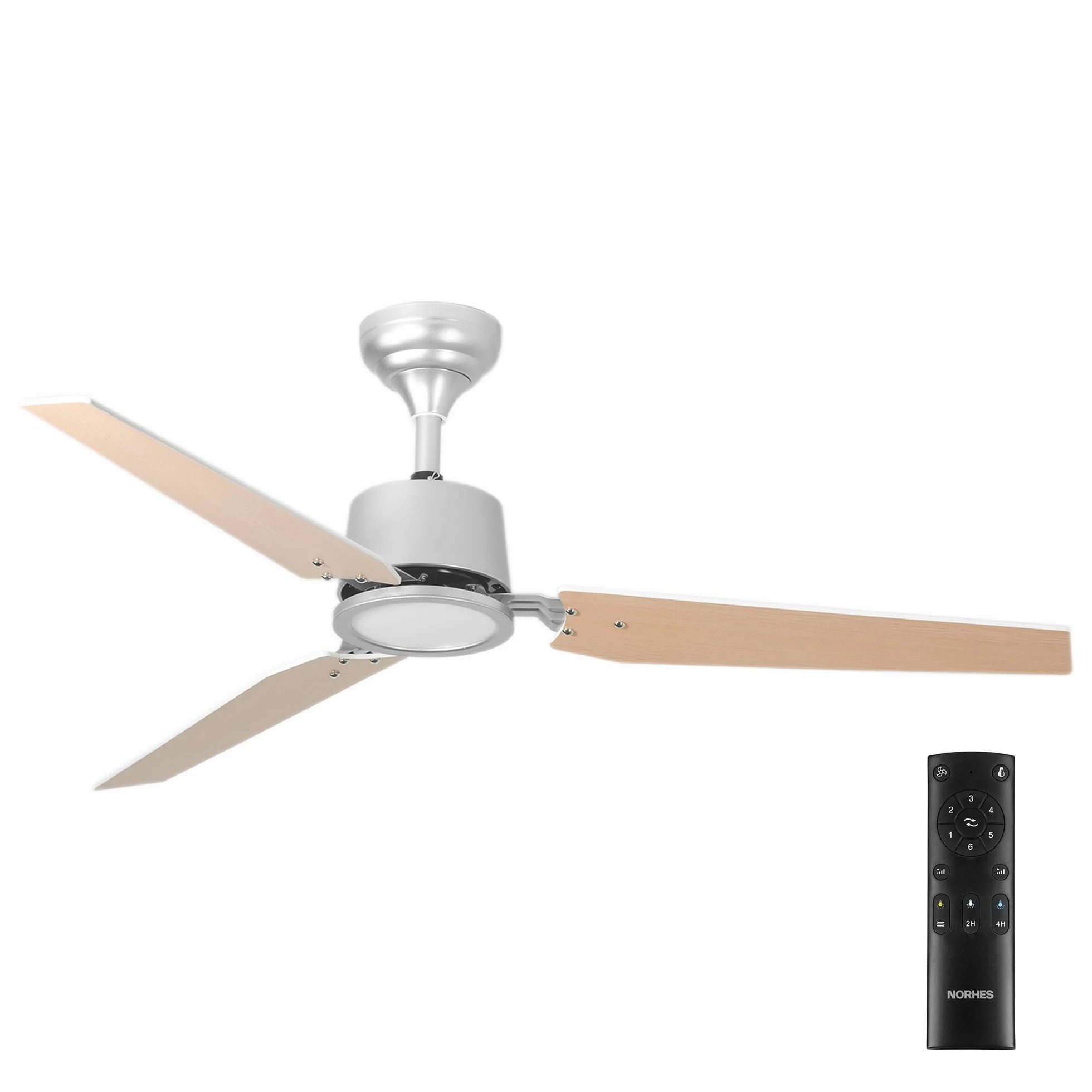 Faura Ventilador Techo Plata/Madera Clara. 3 Aspas Ø132cm. Luz Led 18W Neutra/Cálida/Extra Cálida. Motor DC. Verano/Invierno. 6 Velocidades. Control Remoto Temporizador. Silencioso. Brisa