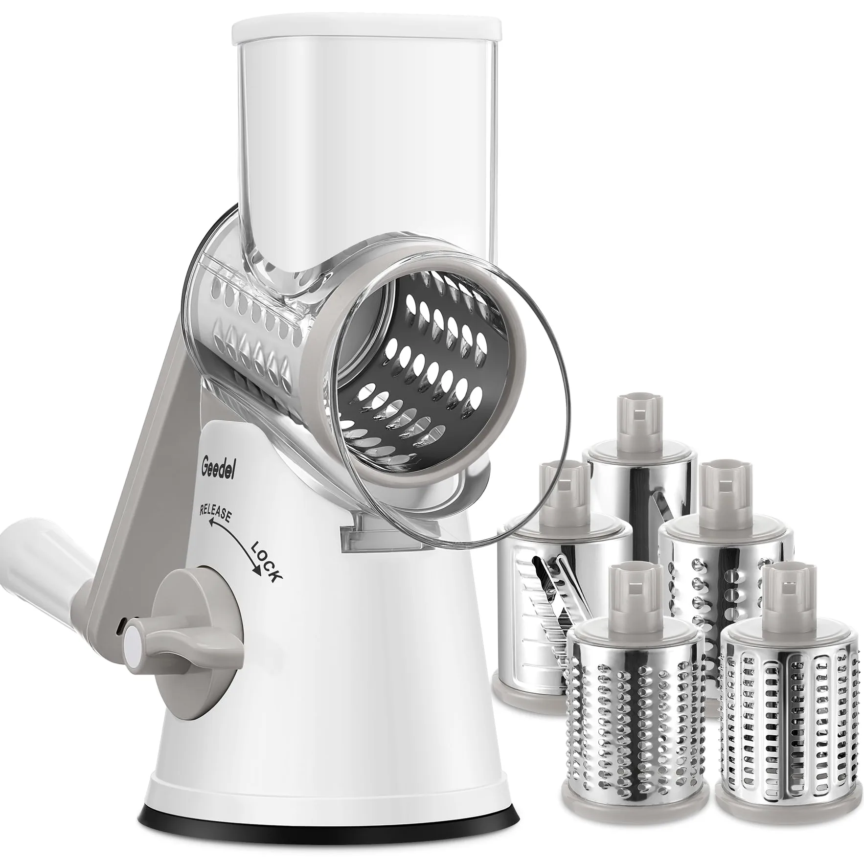 Geedel Rallador de Queso, Rallador de Verduras de Acero Inoxidable con 5 Cuchillas Intercambiables, Cortador Queso para Cortar Queso, Patatas, Pepinos, Fácil de Limpiar, Corte Rápido, Blanco