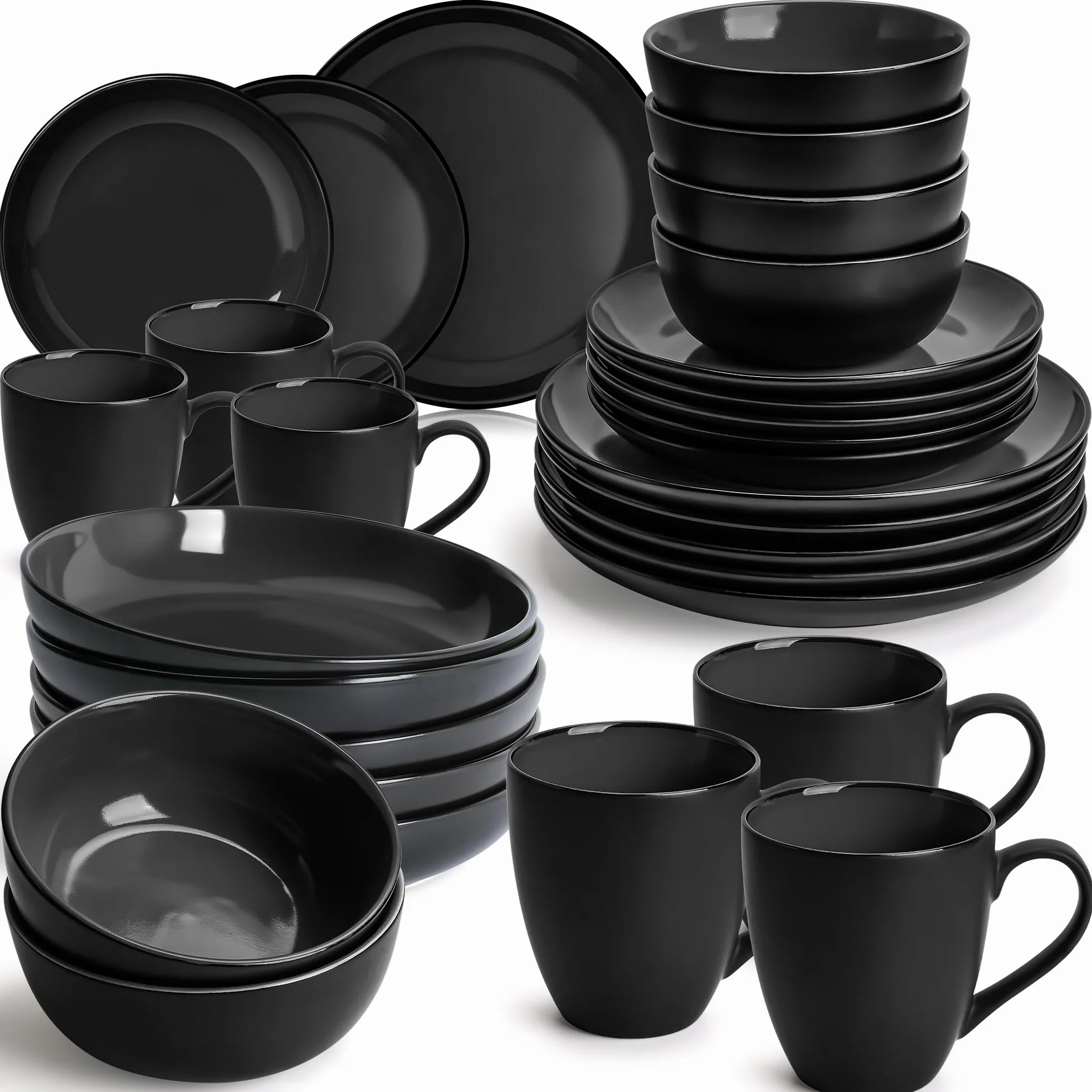 MIAMIO – Juego de Vajilla de 30 Piezas para 6 Personas/Vajilla de Gres – Incluye Platos, Tazones y Tazas – Apto para Microondas y Lavavajillas – Colección Le Papillon (Negro)