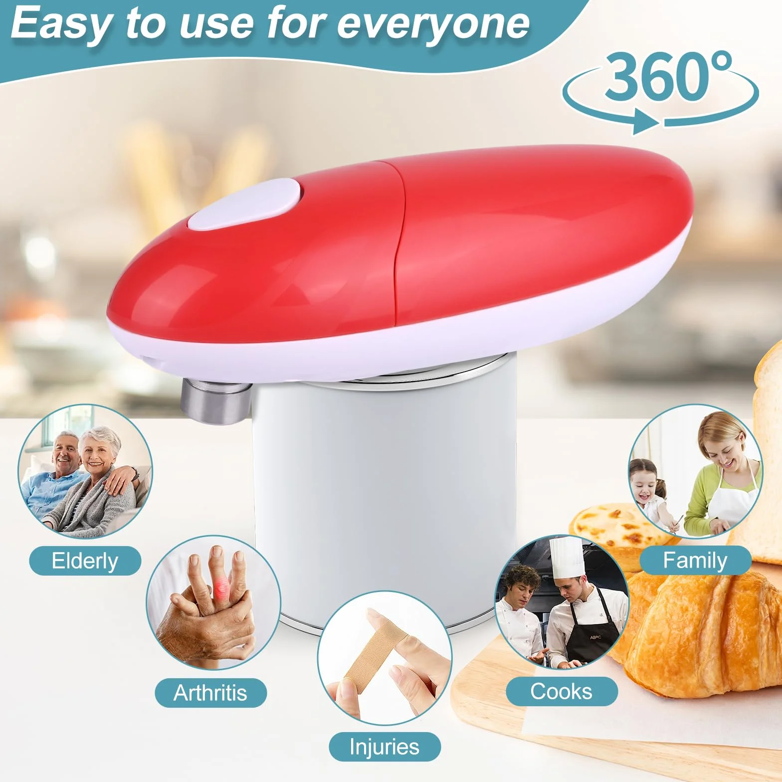 Abrelatas eléctrico, abrelatas, rotación automática de 360° y parada automática, con borde liso, funciona con pilas, ayudante de cocina para cocineros, ancianos, niños y heridos (negro)