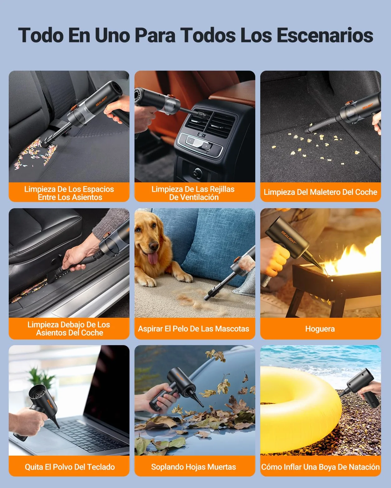 SEALIGHT Aspirador de Mano, 32000PA 4 en 1 Aspiradora de Coche con Motor Sin Escobillas, aciado Automático de un Toque, Aspirador Coche con Motor Sin Escobillas, para Pelo de Mascotas, Coche, Hogar