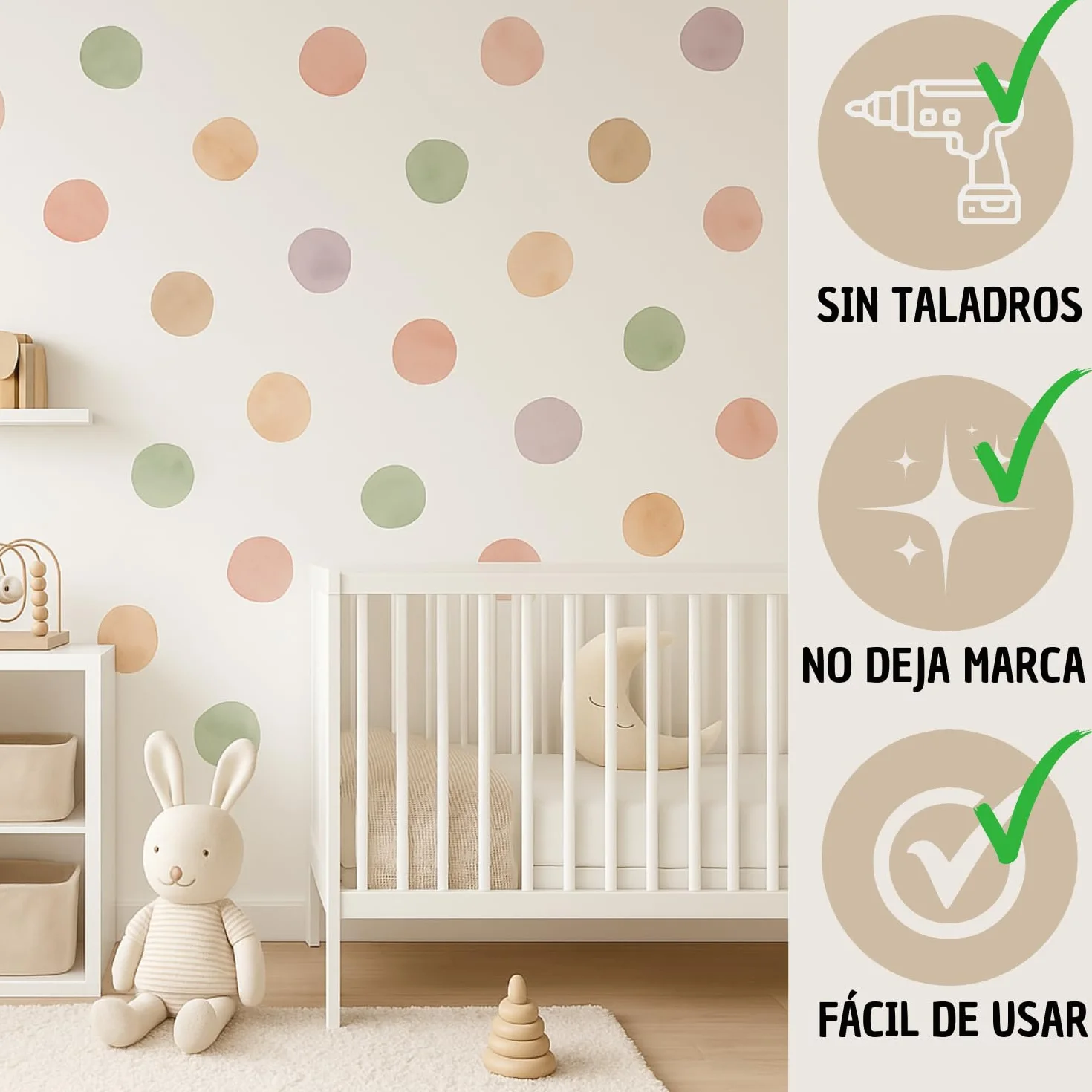 Pegatinas Infantiles Decorativas de Vinilo Adhesivo para Pared - Set de 72 Lunares Acuarela Multicolor para Habitación de Bebé