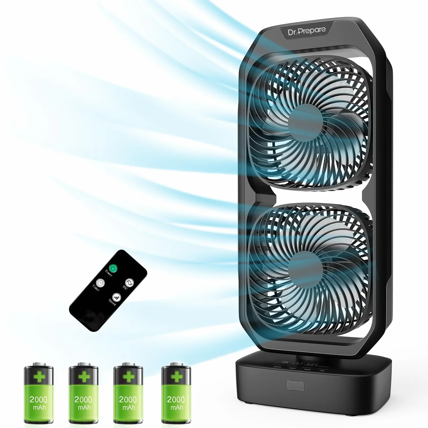 DR.PREPARE Ventilador de torre oscilante pequeño con control remoto, ventilador de escritorio alimentado por batería recargable para dormitorio, inclinación de 250°, temporizador de 8 horas, 3
