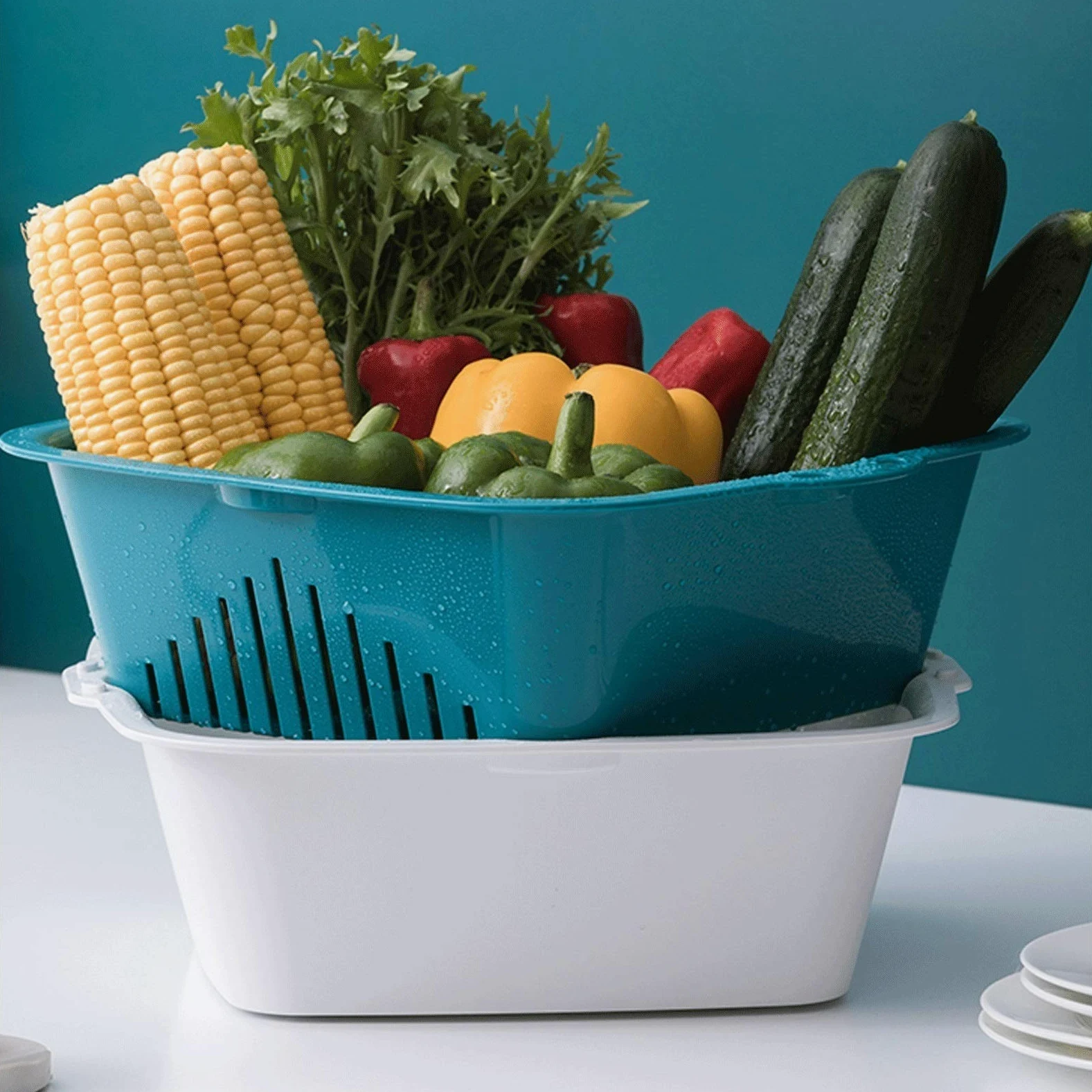 Colador, colador, colador, colador, colador, colador, colador, cesta de drenaje, cesta de drenaje de plástico 2 en 1, cesta cuadrada for frutas y verduras, recipiente de filtro desmontable con gancho