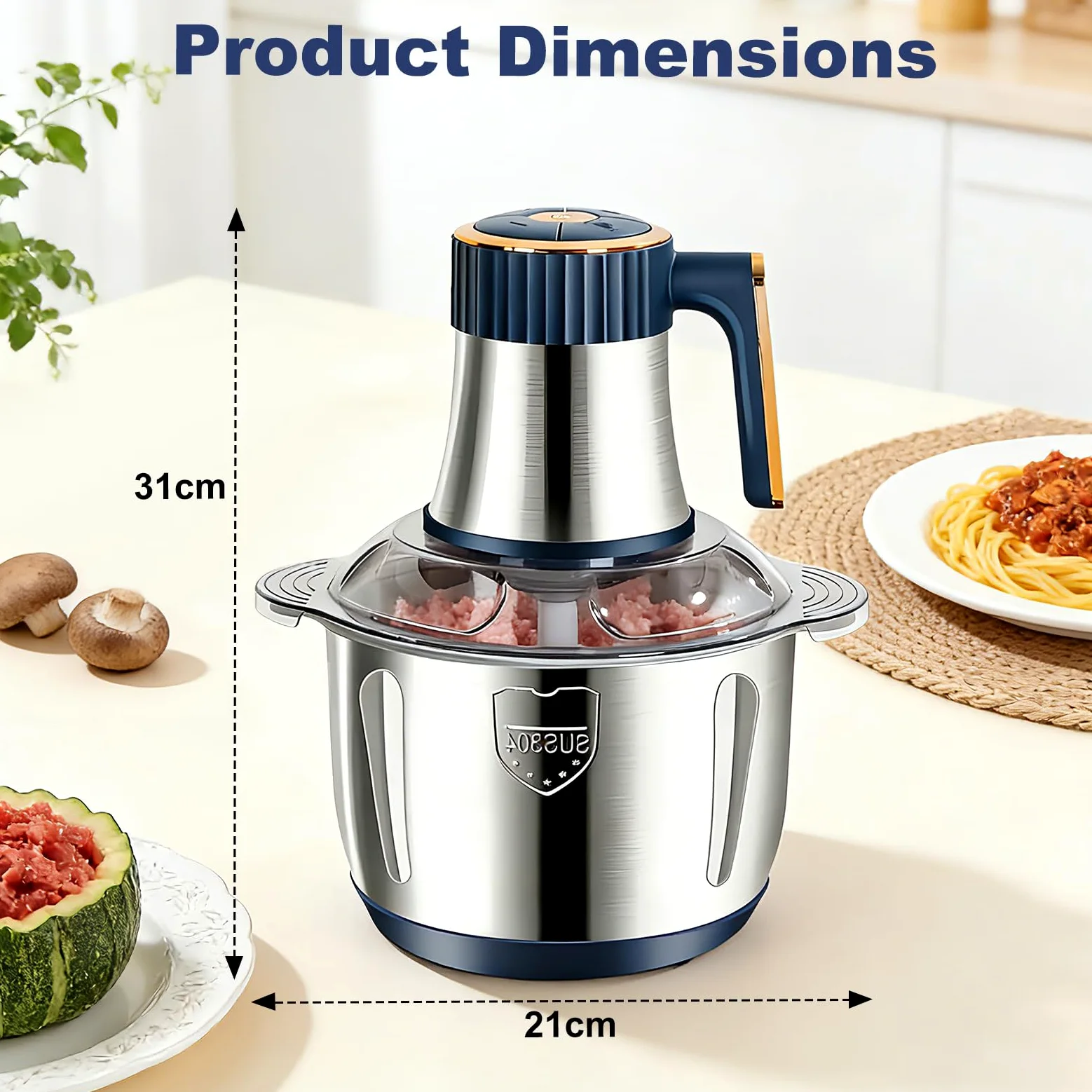 Picadora eléctrica de cocina de 500 W, tazón de acero inoxidable de 5 litros, picadora multipicadora eléctrica de 5 velocidades, procesador de alimentos, picadora de carne para carne, cebolla, fruta