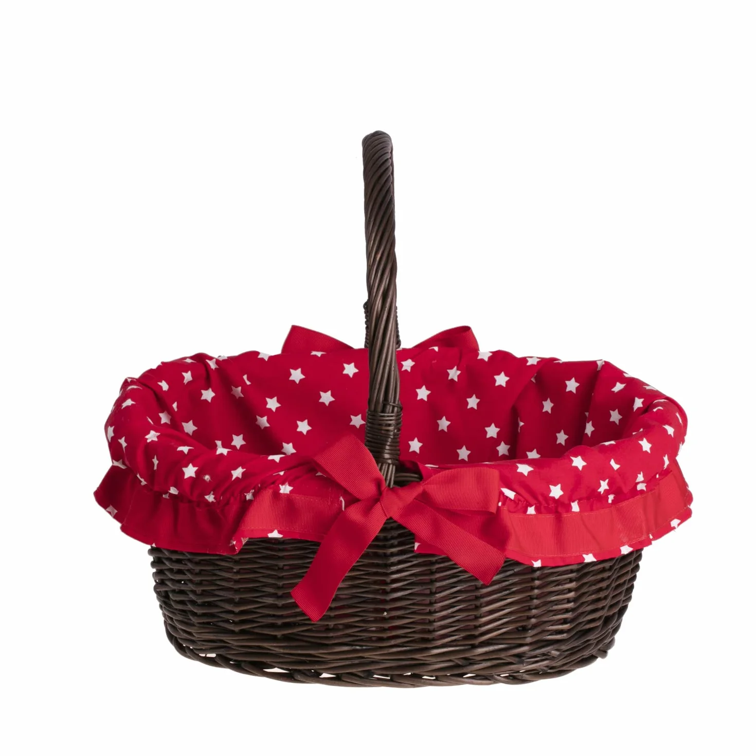 Expositor, cesta de mimbre con asa, cesta de mimbre góndola de la compra con una funda extraíble rojo marrón grisáceo estampado pequeñas estrellas blancos