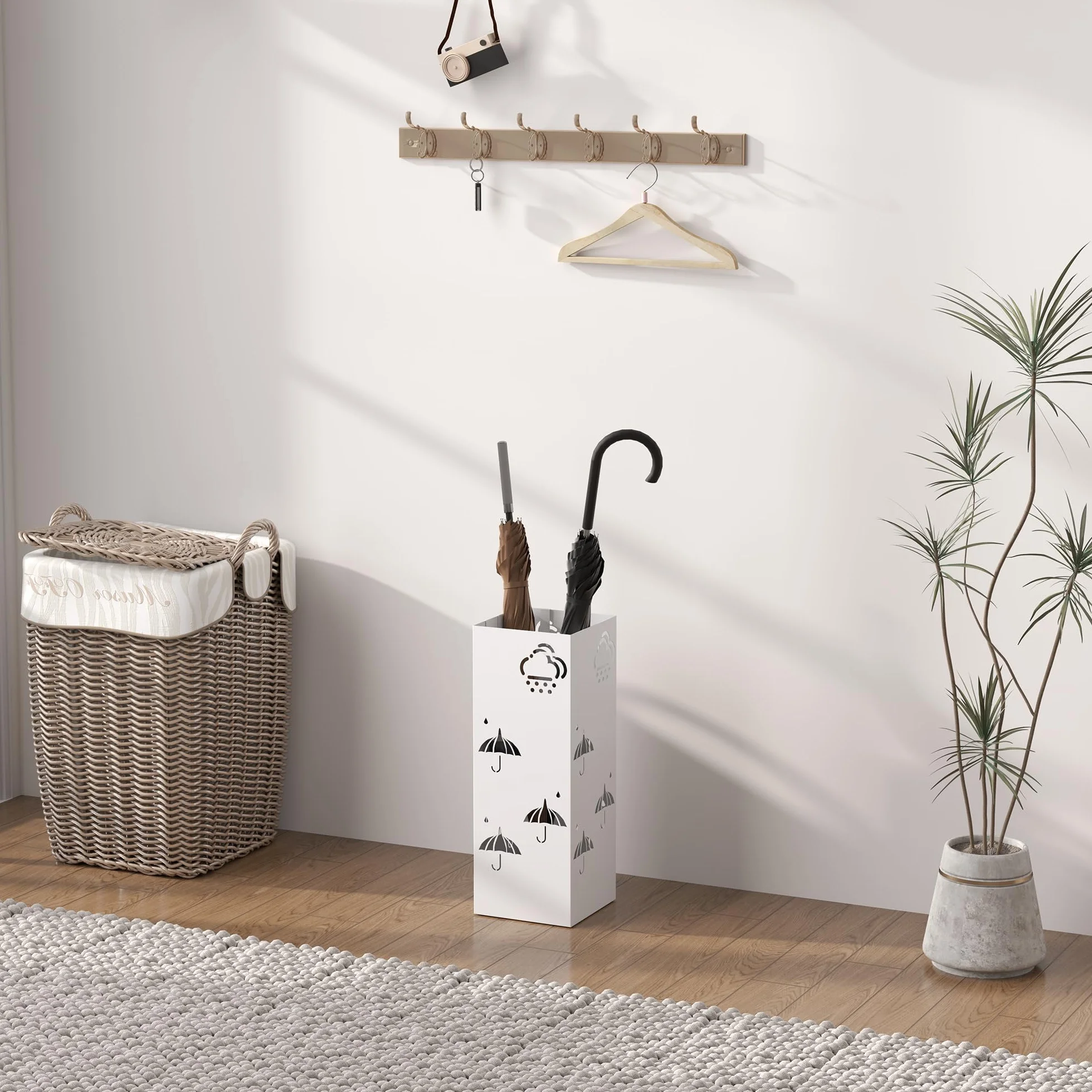 HOMCOM Paragüero de Acero Soporte Paraguas 4 Ganchos Bandeja Goteo Extraíble Blanco Entrada Oficina 15,5x15,5x41 cm