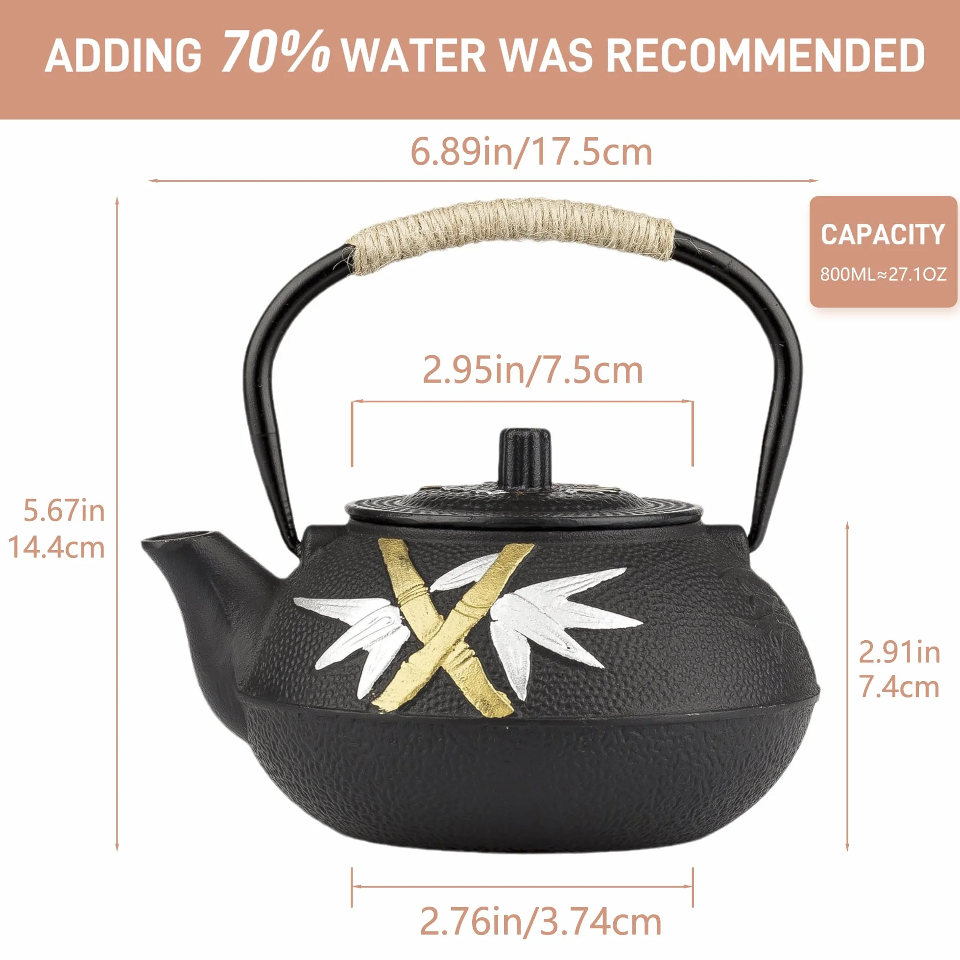 Tetera de hierro fundido, tetera japonesa de hierro fundido con infusor de acero inoxidable para estufa segura (27 onzas/800 ml)
