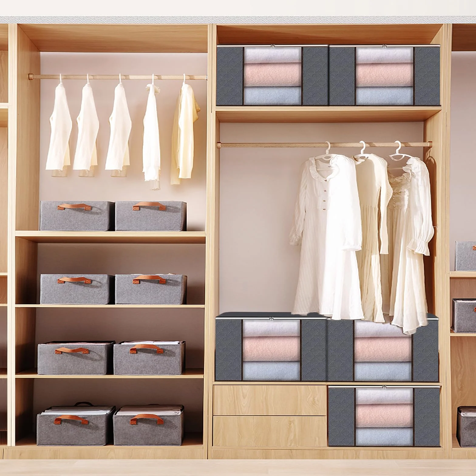 Collazoey 6 Piezas Cajas Almacenaje Ropa,90 L Bolsa de Almacenamiento para Ropa Plegable,Contenedores de Almacenamiento para Organizar Dormitorios, Armarios,Ropa, Edredones,con Tapa y Asa,Gris