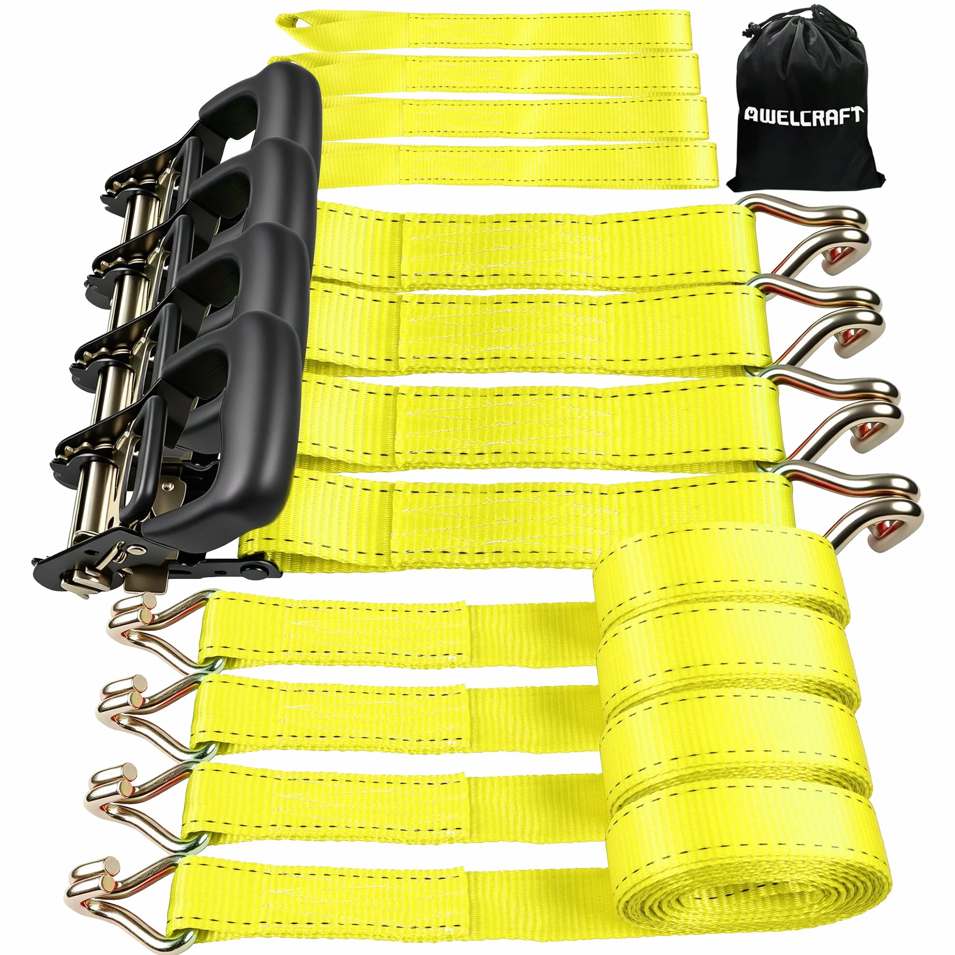 AWELCRAFT 4500 Lbs 1.5 x 15 Ft Ratchet Straps with Double J Hooks Soft Loops