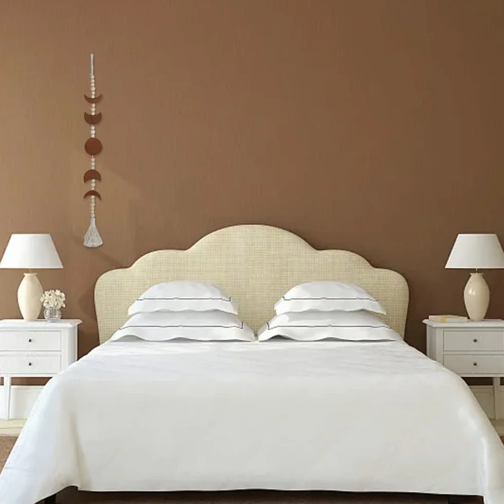 SUPERFINDINGS Colgante de Pared de Fase Lunar de Camello con Cuentas Guirnalda de Borlas de Estilo Étnico Bohemio Decoración de Pared Plana de Madera
