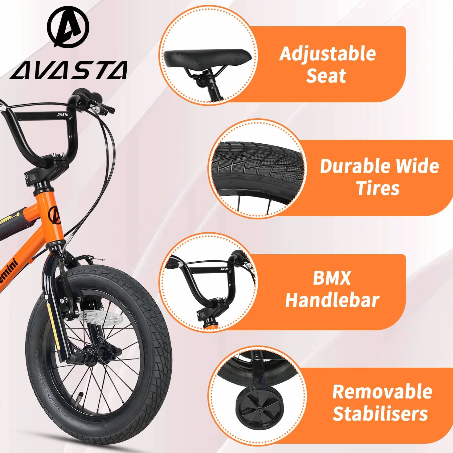 AVASTA Bicicleta Infantil Estilo BMX 12 14 16 Pulgadas con Estabilizadores para Niños de 1-8 Años