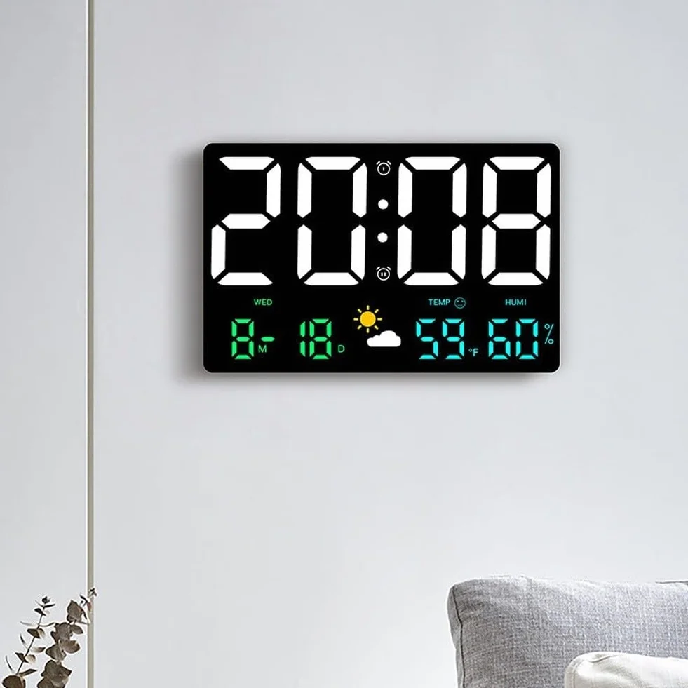 Reloj de pared digital LED grande con estación meteorológica, monitor de temperatura y humedad, visualización de calendario, ajuste automático de brillo, escritorio o soporte de pared para