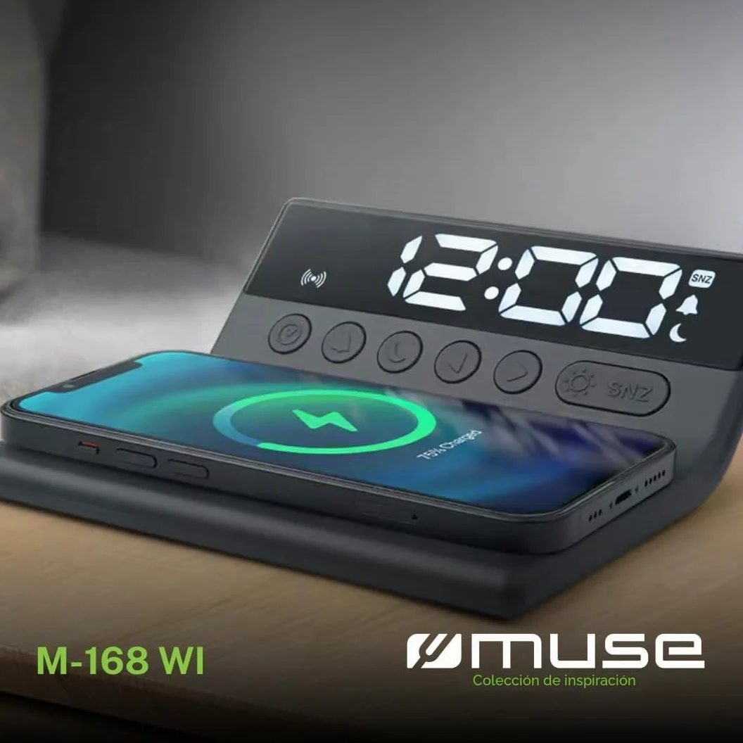 Muse M-168WI / Reloj + Cargador DE INDUCCIÓN. Reloj Digital con Display Grande. Alarma, Carga por inducción, Funcion Siesta, dimer y Snooze. Color Negro