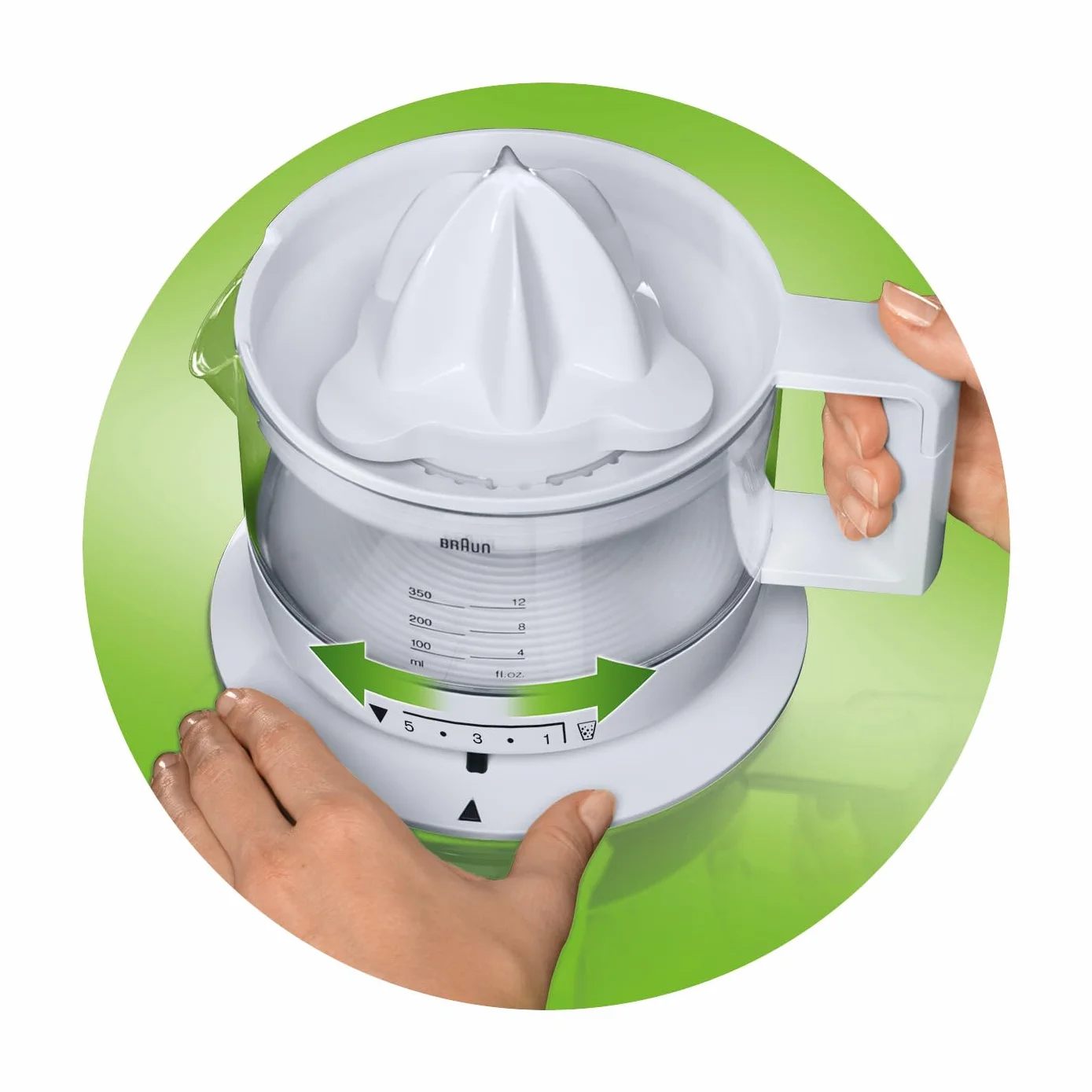 Braun CJ3000 WH - Exprimidor Eléctrico de Naranjas, 20 W, 350 ml, Cantidad de Pulpa Ajustable, Apto para Lavavajillas, Diseño Icónico, Blanco [Clase de eficiencia energética A]