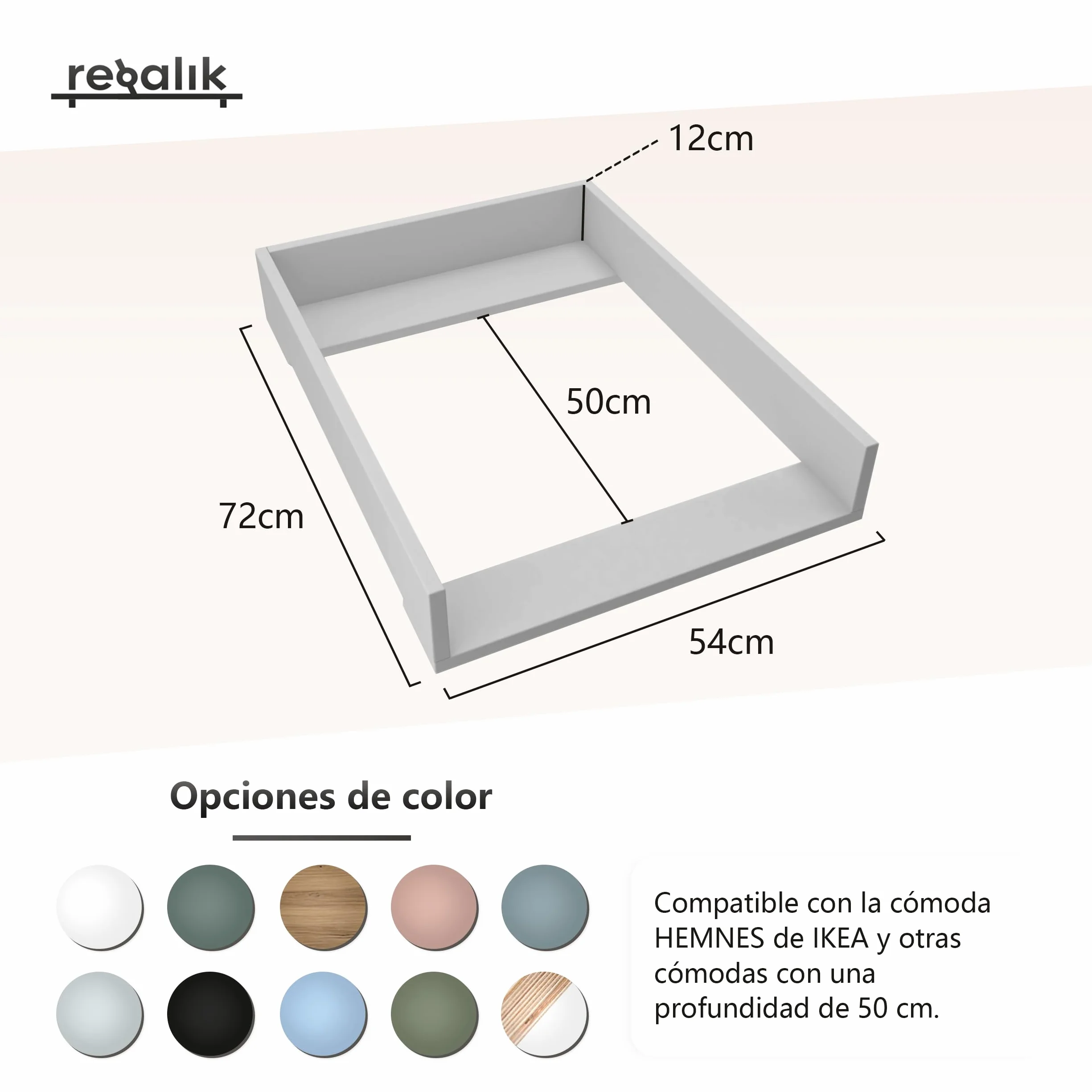 Cambiador para Hemnes, Accesorio para Cómodas 50 cm, Desmontable, Blanco, 72x54 cm