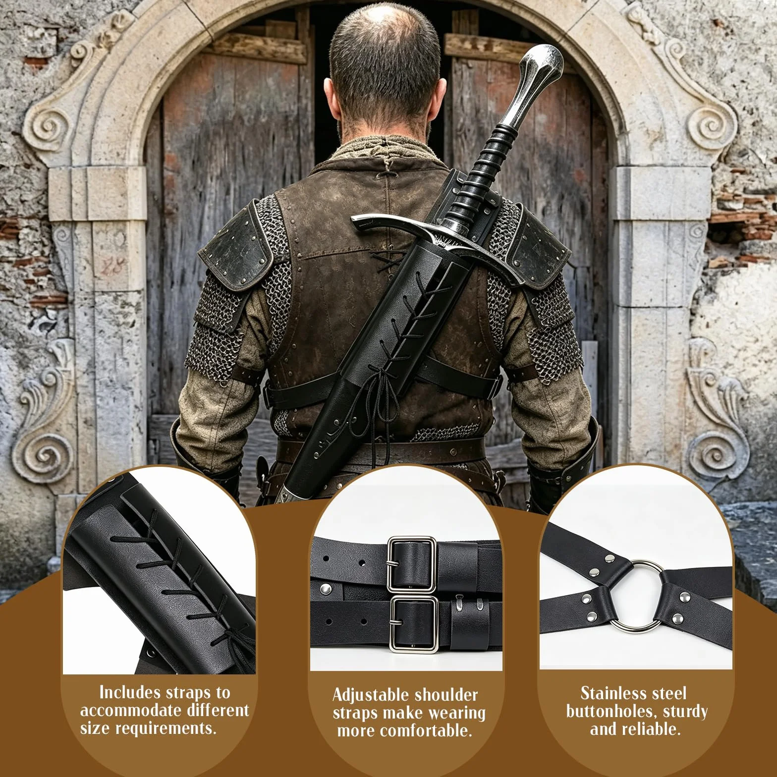 Funda Medieval para Espada, Cinturón Ajustable de PU Sólido Negro para Katana