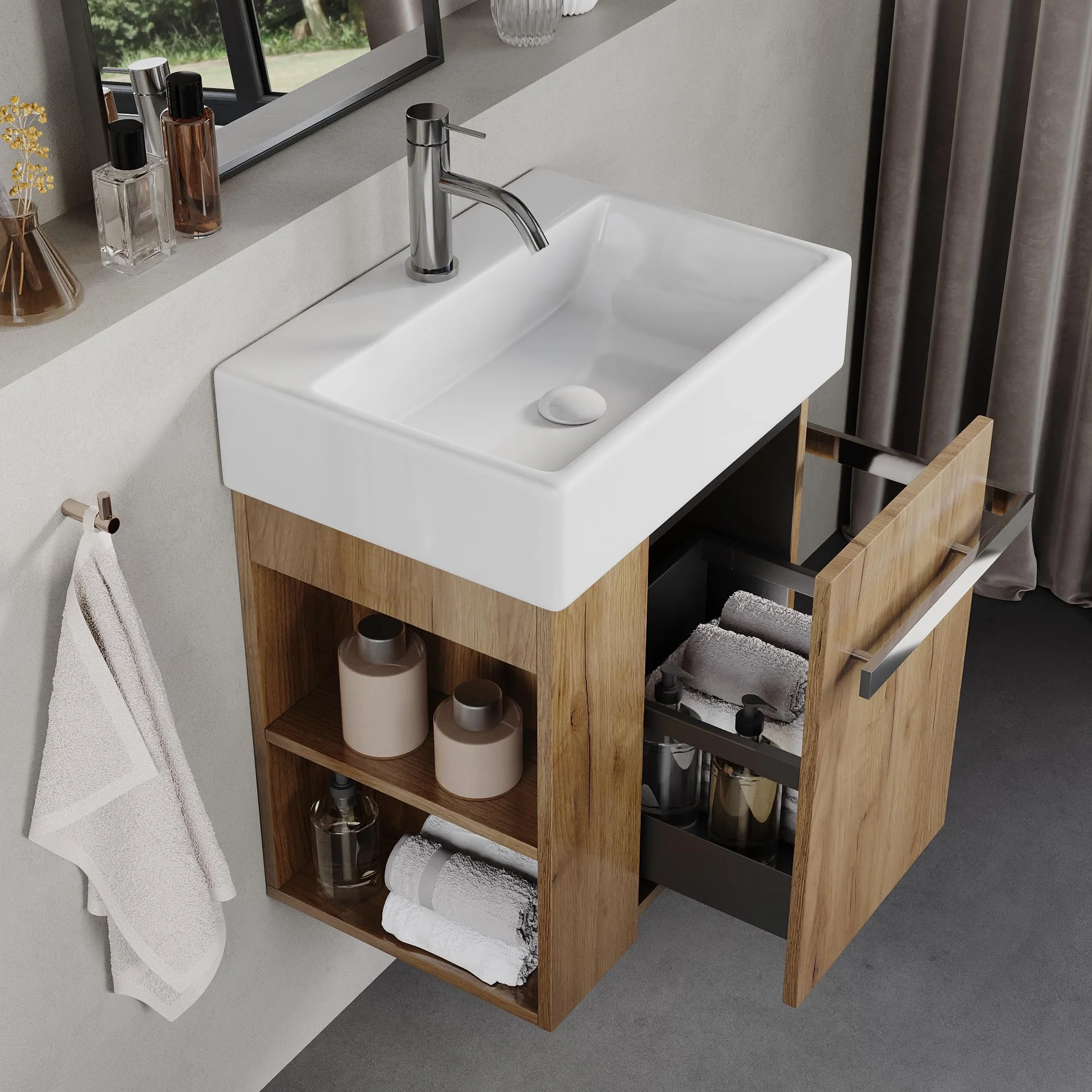 Mueble de Baño 50 cm con Lavabo de Cerámica – Cajón con Cierre Suave, Tirador para Toallas, Instalación Izquierda/Derecha Opcional, European Oak